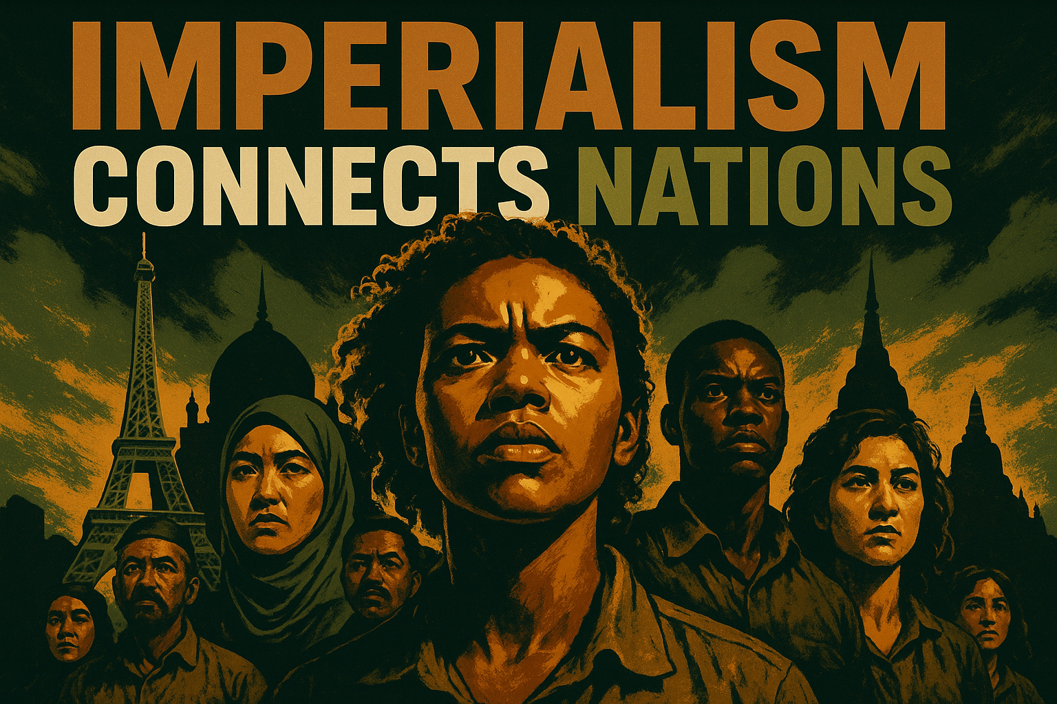 A cinematic image of a powerful and diverse group of individuals standing defiantly against a backdrop of cultural landmarks symbolizing the affected countries. The foreground features an expressive, determined face prominently, showcasing a range of emotions from hope to defiance. Use a color palette of bold contrasts, primarily olive green and bronze elements, to emphasize unity and resilience. Incorporate dramatic lighting effects to highlight the faces and create depth. Overlay with high-impact multi-line H2 text that reads 'IMPERIALISM CONNECTS NATIONS', with 'IMPERIALISM' in bronze, 'CONNECTS' in white, and 'NATIONS' in olive green, ensuring the text pops against the background and follows the specified color scheme and sizing for optimal visual balance, keeping a 20% safe zone from all margins, while utilizing the entire canvas without borders.