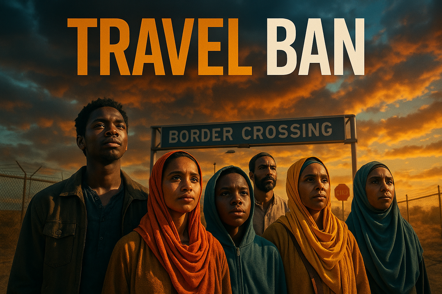 A cinematic image of a diverse group of people from Congo, Chad, Eritrea, Sudan, and Somalia expressing hope and resilience against a backdrop of a border crossing, with a dramatic sky and contrasting colors; utilize bright colors that evoke emotion, ensuring a cinematic, photorealistic style. The composition should follow the rule of thirds, guiding the viewer's eye towards the group. Overlay the high impact phrase 'TRAVEL BAN' in large, bold font, where 'TRAVEL' is in Bronze, 'BAN' is in White, creating visual separation against the background, ensuring all text is outside the safe zone and harmoniously integrates with the overall imagery.