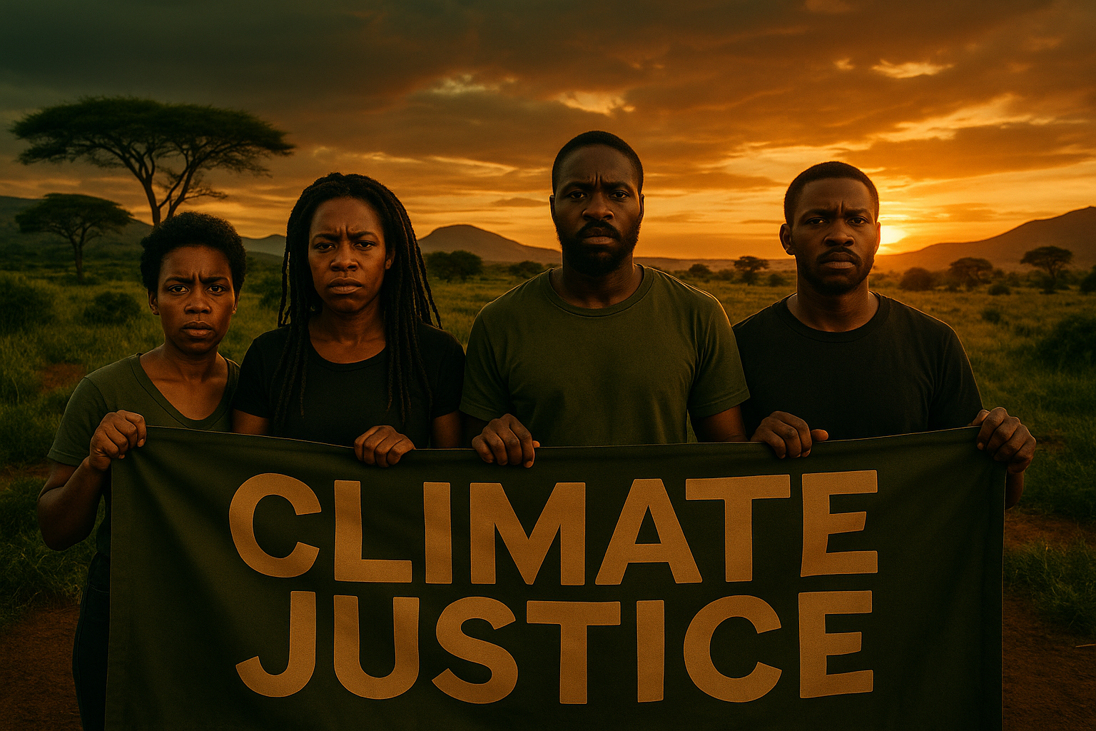 A cinematic image of an African landscape highlighting the urgency of climate justice, featuring a diverse group of passionate activists holding up a large banner reading 'CLIMATE JUSTICE' in bold, impactful font. The backdrop is a vivid contrast of rich greens and browns representing nature and resilience, with the sky showcasing a dramatic sunset to symbolize hope. The emotional expressions on the activists' faces convey determination and unity in their fight against climate change. The composition employs the rule of thirds, focusing on the activists in the foreground while the natural landscape stretches behind them, symbolizing both vulnerability and strength. Use Black, Olive Green, and Bronze colors to accentuate the theme, ensuring the text 'CLIMATE JUSTICE' pops against the background. 