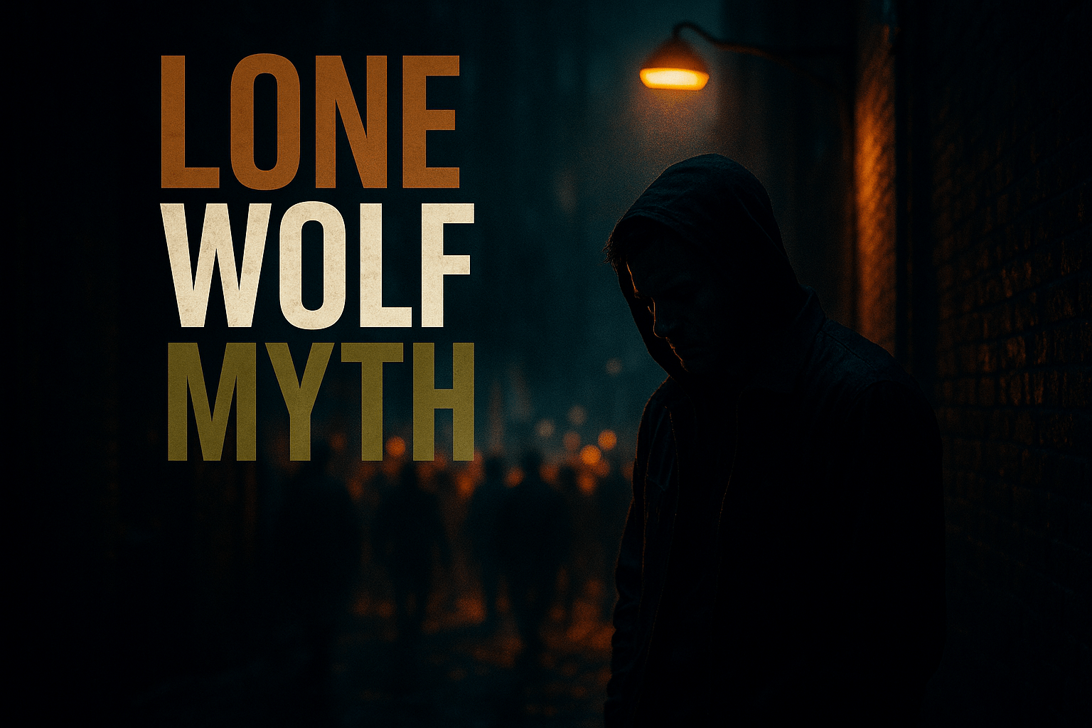 A cinematic image of a dramatic scene depicting a shadowy figure standing alone in a dark alley, illuminated by a single streetlight, creating a stark contrast between light and shadow. The figure's face is partially obscured, conveying mystery and tension. The background features blurred, indistinct shapes suggesting a larger crowd or movement, hinting at the social connections behind extremist violence. The mood is intense and thought-provoking, with a focus on the figure's emotional expression. Use vibrant colors to enhance the contrast, with deep shadows and bright highlights. The lighting should be moody and atmospheric, shot with a high-resolution camera to capture fine details. Include the high-impact phrase 'LONE WOLF MYTH' in a multi-line H2 impact font, with 'LONE' in Bronze, 'WOLF' in White, and 'MYTH' in Olive, ensuring the text pops against the background and remains within the safe zone.