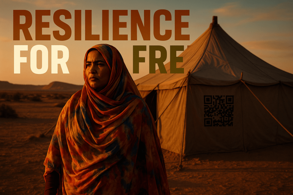 A cinematic image of a Sahrawi woman standing resiliently in front of a traditional jaima tent, illuminated by warm sunset lighting, capturing her determined expression and traditional attire, with vibrant colors of the desert landscape in the background. The mood is one of hope and strength, emphasizing the struggle for self-determination. Striking detail: a QR code on the tent representing the voices of Sahrawi activists. Use the rule of thirds to position the woman on one side, with the tent as a focal point. High-impact phrase in bold multi-line H2 font: 'RESILIENCE' in bronze, 'FOR' in white, 'FREEDOM' in olive, ensuring the text pops against the background.