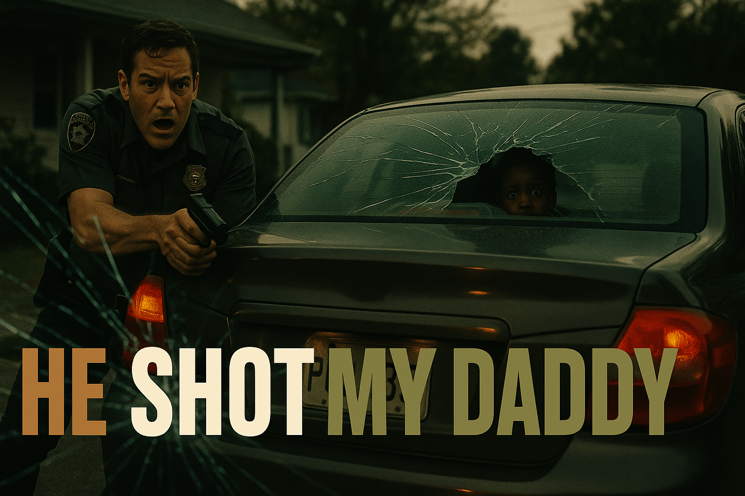 A cinematic image of a police officer in a tense confrontation, positioned dramatically behind a car as it backs out of a driveway, capturing a moment of chaos and fear. The officer's expression is one of concern, while the backdrop shows a residential area with emotional undertones. In the foreground, a shattered glass effect emphasizes danger, and a small child can be faintly seen inside the car, wide-eyed and frightened. Utilizing contrasting colors of black and olive green to focus on the officer and the car, with the phrase 'HE SHOT MY DADDY!' in bold letters: 'HE' in Bronze, 'SHOT' in White, 'MY DADDY' in Olive, ensuring text remains outside 15% margin safe zone, and achieving a visually striking, cinematic look.