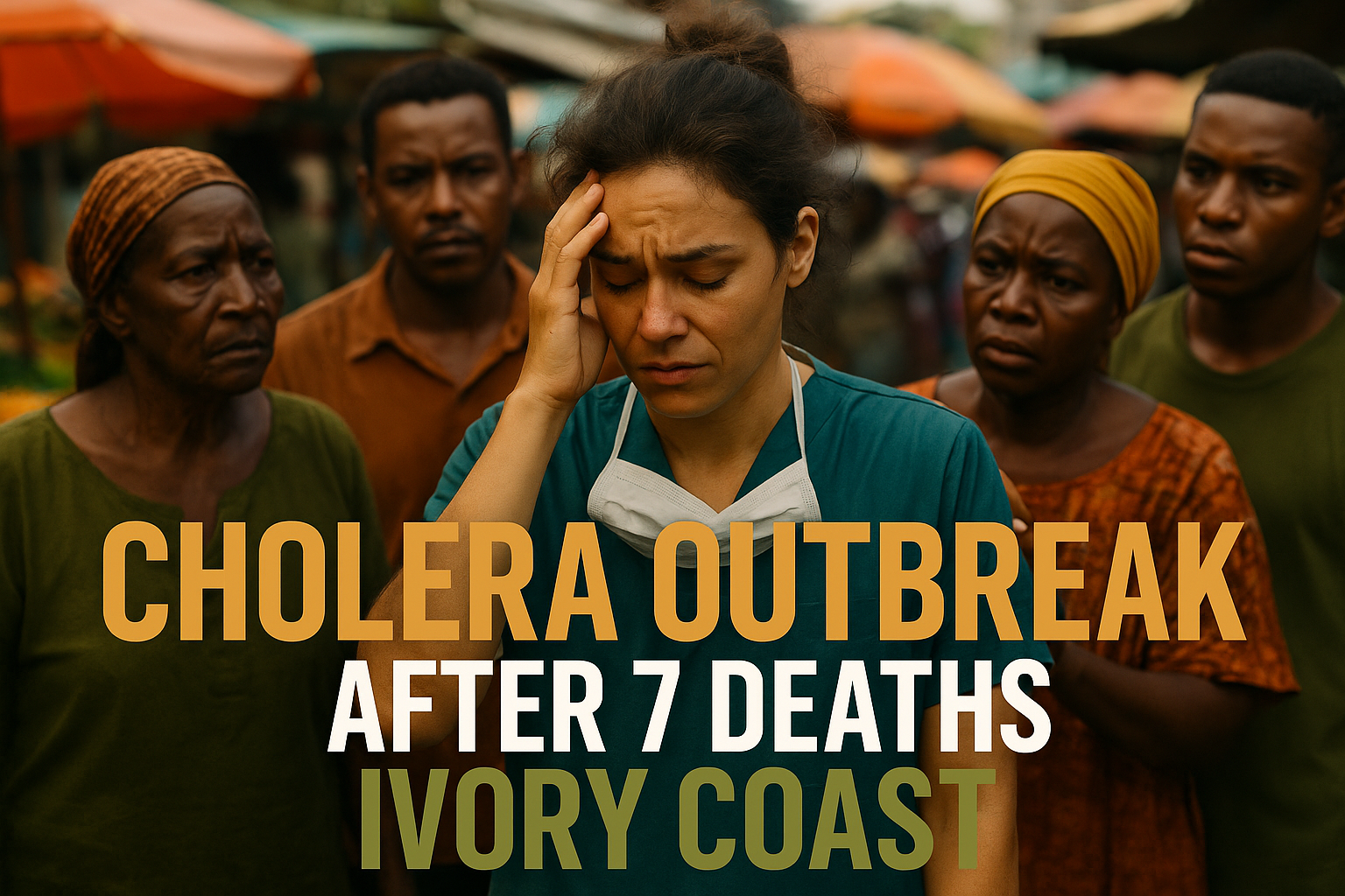 A cinematic image of a distressed healthcare worker in a colorful, bustling Ivory Coast market, surrounded by concerned community members, showcasing a vibrant contrast of olive green and bronze in their clothing against a blurred background of bright market colors, with the high-impact phrase in bold multi-line H2 'CHOLERA OUTBREAK' in Bronze, 'AFTER 7 DEATHS' in White, 'IVORY COAST' in Olive, ensuring the text pops against the background and is placed outside the 20% safe zone from all margins.