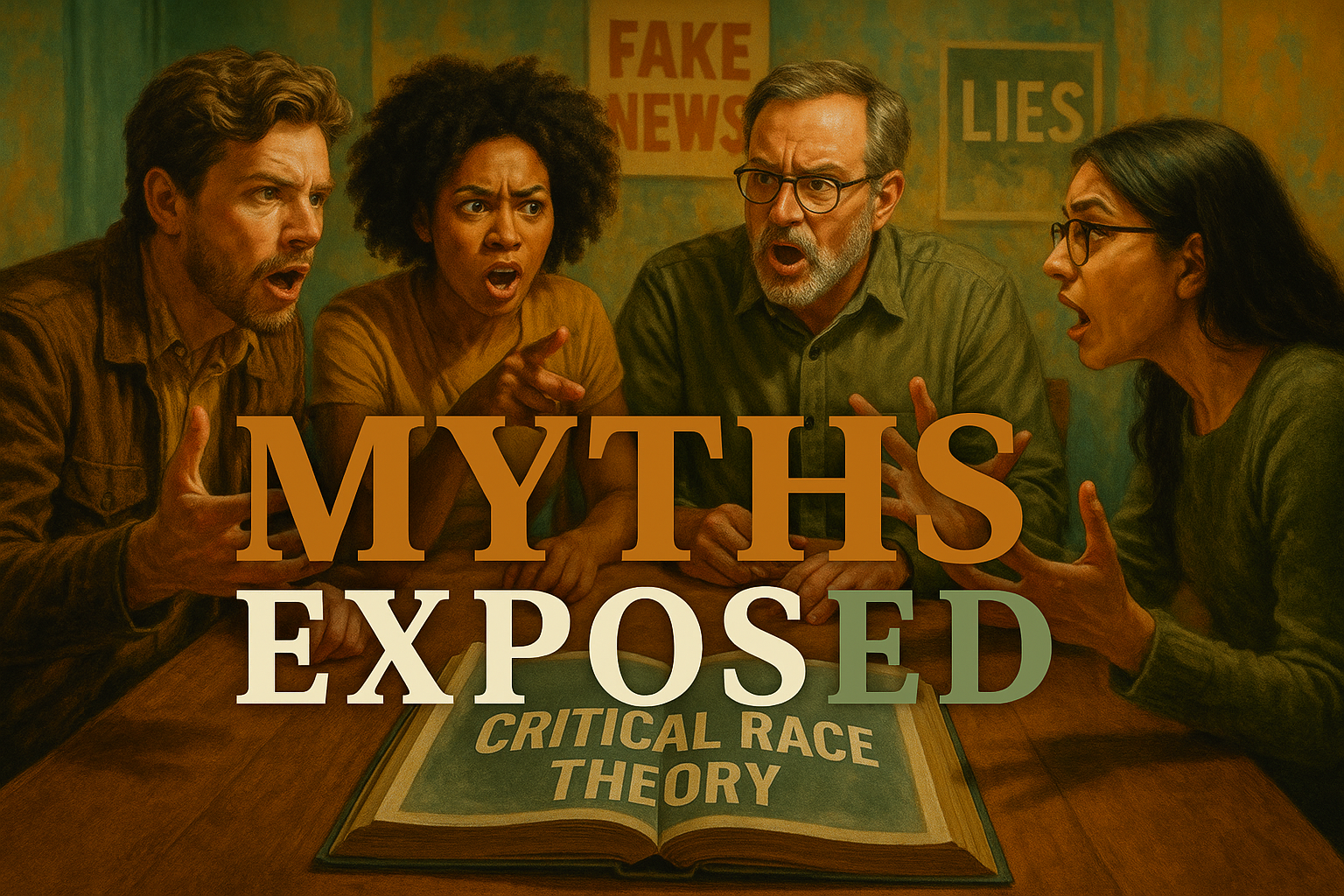 A cinematic image of a diverse group of passionate individuals engaged in a heated debate around a table, expressive faces showing determination and curiosity, with signs of misinformation in the background. Bright colors like Bronze and Olive Green are used throughout, emphasizing emotions and engagement. The central focus is an open book titled 'CRITICAL RACE THEORY'. The text overlaid reads 'MYTHS EXPOSED' in large, impactful font: the first word in Bronze (#966327), the second in White (#ffffff), and the third in Olive (#778956). The text is positioned outside the 15% safe zone with elements that make the words pop against a contrasting, colorful backdrop.