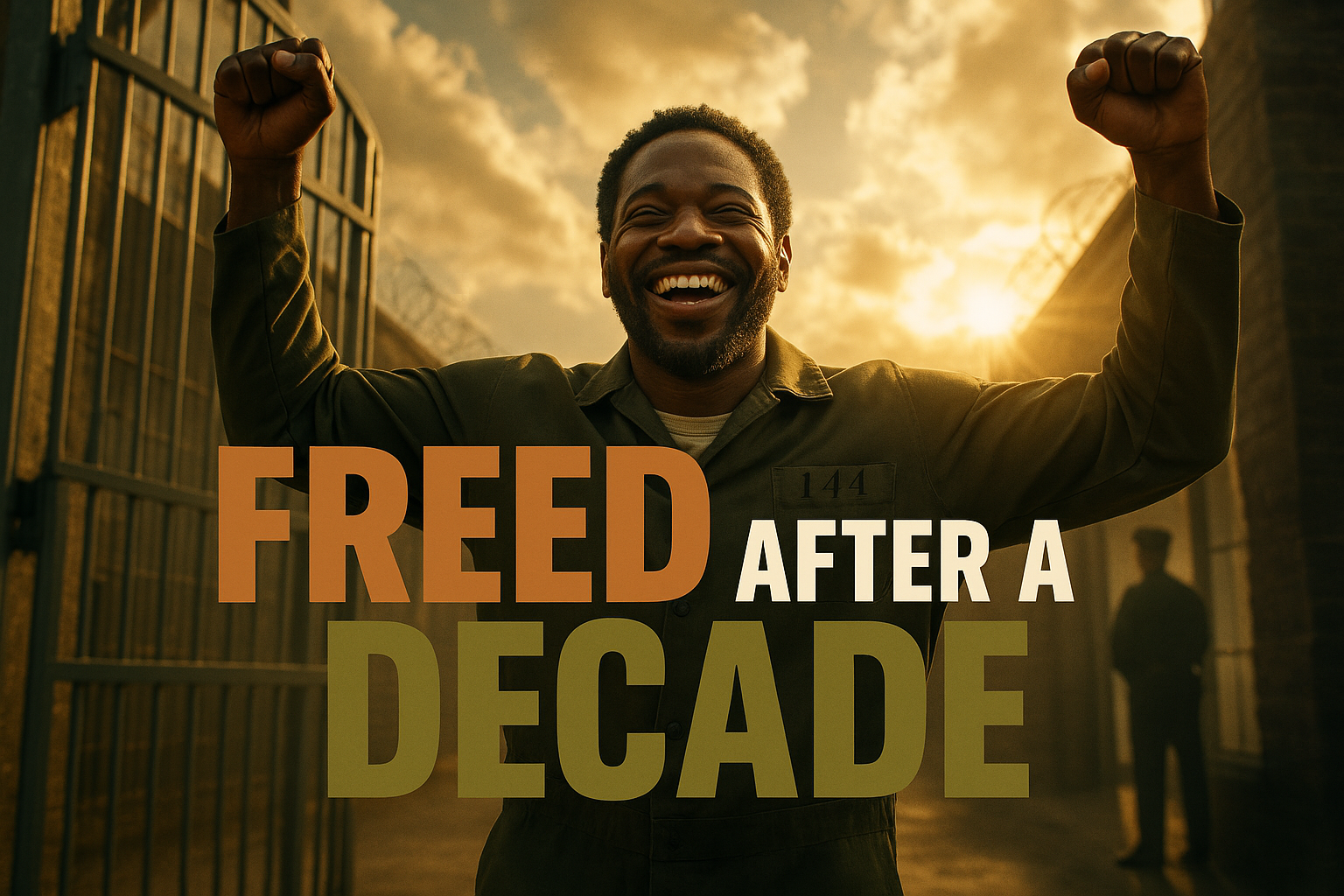 A cinematic image of a smiling Black man in a prison uniform, hands raised in triumph as he walks out of a prison gate, surrounded by a bright, hopeful atmosphere with sunlight breaking through clouds. In the background, a blurred silhouette of a man standing in a police station, symbolizing the confession. The scene captures a mix of emotions: joy, relief, and hope. Use contrast with vibrant colors—bronze, olive green, and black—to create depth. Overlay the high-impact phrase in multi-line H2 'impact' font: 'FREED AFTER A DECADE' with 'FREED' in Bronze, 'AFTER A' in White, and 'DECADE' in Olive, ensuring the text pops from the background while keeping within the safe zones.
