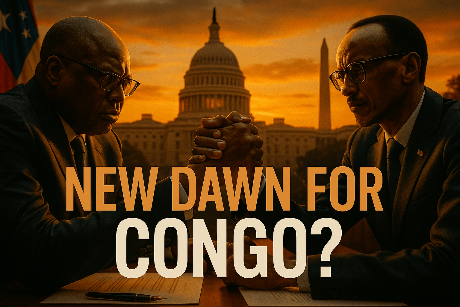 A cinematic image of a dramatic peace signing event between representatives of the Democratic Republic of Congo and Rwanda, set against a backdrop of Washington D.C. landmarks, capturing a moment of hope and tension. The scene is illuminated with warm, golden lighting to evoke a sense of optimism, featuring close-up faces of the delegates showing determination and resolve. The mood is hopeful yet serious, with a striking detail of clasped hands symbolizing unity. The composition follows the rule of thirds, drawing the viewer's eye to the central figures. Use vibrant colors to contrast the solemnity of the event, ensuring the image is visually striking and engaging. Overlay the high-impact phrase in a multi-line H2 'impact' font: 'NEW DAWN FOR' in Bronze, 'CONGO?' in White, ensuring the text stands out against the background without cluttering the image.