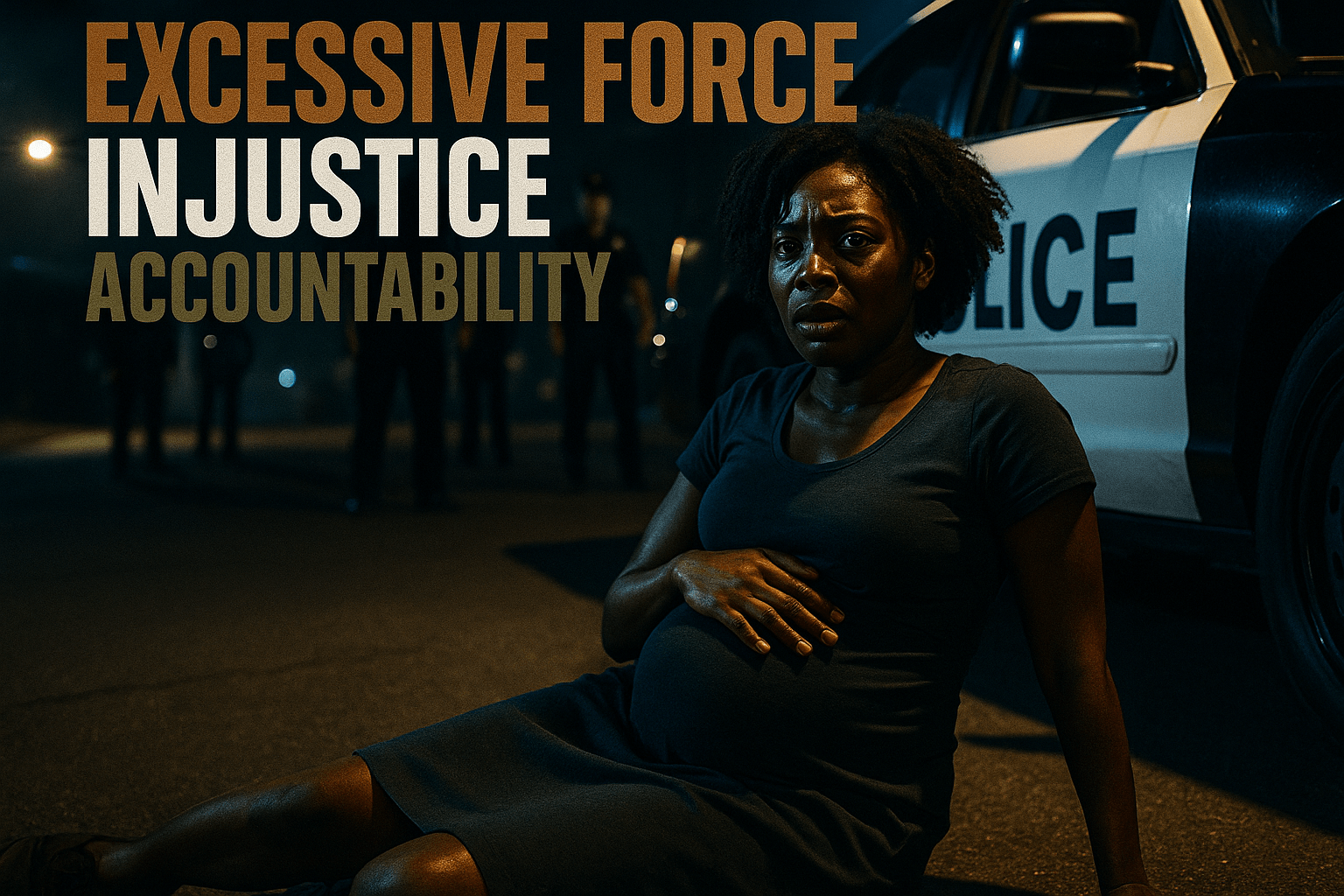 A cinematic image of a distressed pregnant Black woman sitting on the ground beside a police car, her expression a mix of fear and determination, with police officers standing in the background, the scene illuminated by harsh streetlights creating dramatic shadows. The mood is tense and emotional, highlighting the gravity of the situation. The striking detail is the woman's hand resting protectively on her abdomen. Use a DSLR camera effect for photorealism. The color palette should feature deep blues and stark whites for contrast, emphasizing the woman's skin tone and the police uniforms. H2 text in a multi-line impact font: 'EXCESSIVE FORCE', 'UNJUSTICE', 'ACCOUNTABILITY' with 'EXCESSIVE FORCE' in Bronze, 'UNJUSTICE' in White, and 'ACCOUNTABILITY' in Olive.