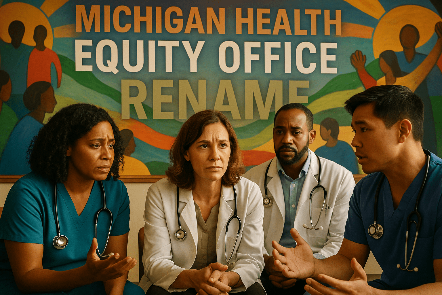 A cinematic image of a diverse group of healthcare professionals engaging in a community health discussion, showcasing emotional expressions of concern and determination, bright and warm lighting to create an inviting atmosphere, captured with a DSLR camera, evoking a hopeful mood. The background features a vibrant mural symbolizing unity and health equity. High-impact phrase in a multi-line H2 'impact' font: 'MICHIGAN HEALTH' in Bronze, 'EQUITY OFFICE' in White, 'RENAME' in Olive.