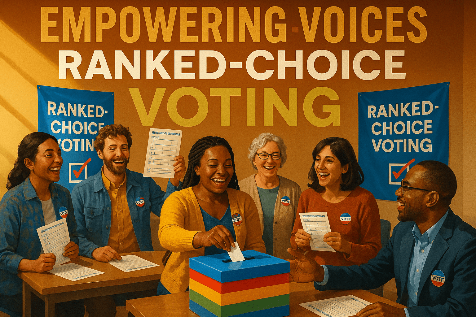A cinematic image of a diverse group of voters enthusiastically participating in ranked-choice voting at a polling station, capturing their expressions of hope and empowerment. Bright, warm lighting enhances the scene, creating an uplifting mood. The camera angle is slightly elevated, showcasing the interaction among voters and election officials. A striking detail is a colorful ballot box prominently displayed, symbolizing democracy. The background features banners promoting ranked-choice voting, adding context. Use contrasting colors to make the scene vibrant and engaging. H2 text in a multi-line impact font reads: 'EMPOWERING VOICES' in bronze, 'RANKED-CHOICE' in white, and 'VOTING' in olive, ensuring the text stands out against the background.