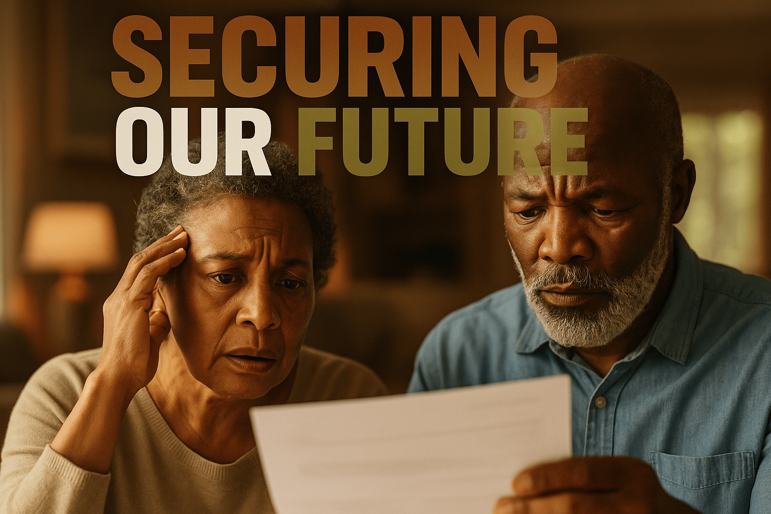 A cinematic image of a concerned elderly Black couple looking at a document with worried expressions, bright natural lighting illuminating their faces, captured with a DSLR camera, conveying a mood of urgency and anxiety about the future of Social Security and Medicare. The background features a blurred living room with warm tones to evoke a sense of home. The high-impact phrase in bold, multi-line H2 'impact' font reads: 'SECURING OUR FUTURE' with 'SECURING' in Bronze, 'OUR' in White, and 'FUTURE' in Olive, positioned prominently in the upper third of the image, ensuring it stands out against the background.