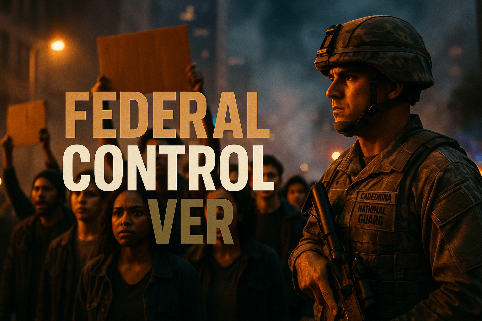 A cinematic image of a tense protest scene in Los Angeles, featuring a diverse group of protesters with determined expressions, illuminated by dramatic lighting that highlights their faces. In the foreground, a California National Guard soldier in full gear stands watch, conveying a sense of authority and tension. The background shows a blurred cityscape with hints of chaos, such as smoke and distant sirens, creating a mood of urgency and conflict. The color palette should include contrasting warm and cool tones to emphasize the emotional intensity of the moment. The high-impact phrase 'FEDERAL CONTROL OVER' in a multi-line H2 impact font, with 'FEDERAL' in bronze, 'CONTROL' in white, and 'OVER' in olive, positioned prominently but within the safe zone.