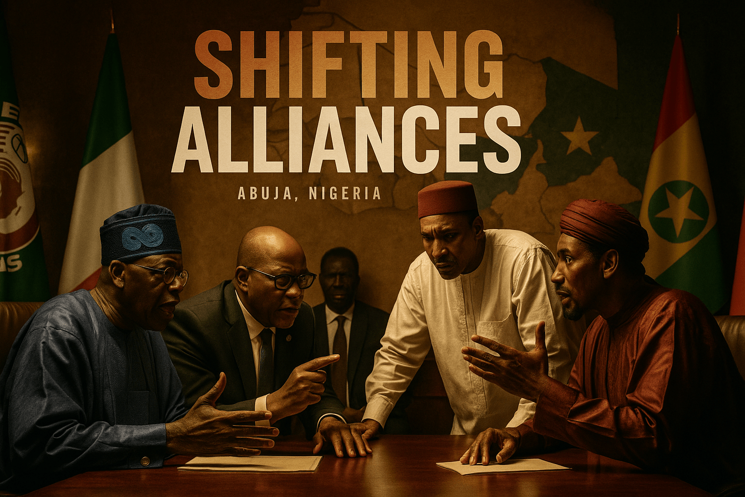 A cinematic image of a dramatic summit scene in Abuja, Nigeria, showcasing diverse West African leaders engaged in intense discussions, illuminated by warm, golden lighting that highlights their expressions of determination and concern. The background features a blend of vibrant flags representing ECOWAS and the new Alliance of Sahel States, creating a sense of urgency and change. The mood is tense yet hopeful, with a striking detail of a map of West Africa subtly integrated into the backdrop, symbolizing shifting alliances. 'SHIFTING ALLIANCES' in a multi-line H2 impact font, with 'SHIFTING' in Bronze, 'ALLIANCES' in White, and a dramatic Olive accent, designed to pop against the background.