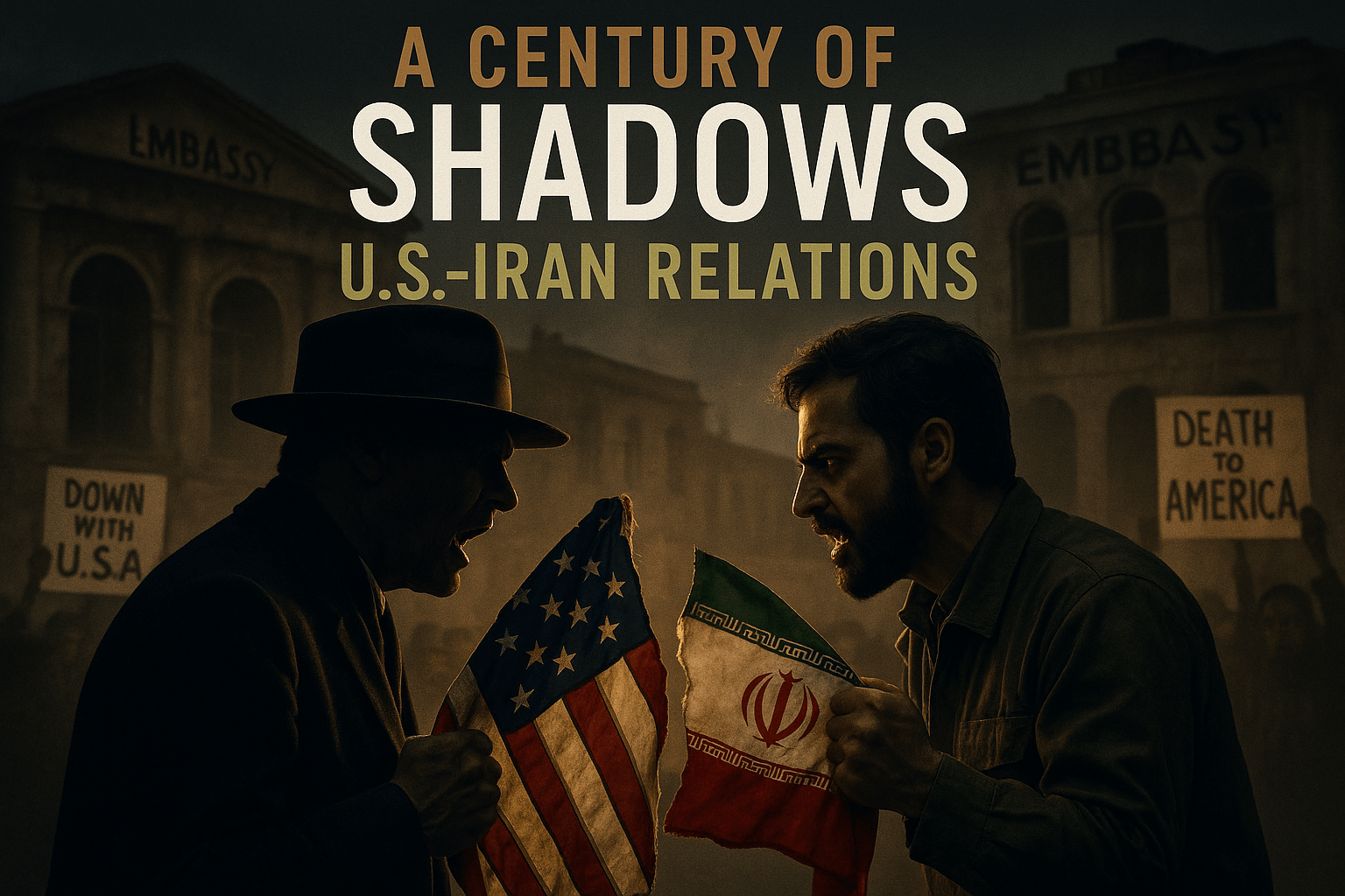 A cinematic image of a dramatic confrontation between a shadowy figure representing the U.S. and a determined figure symbolizing Iran, set against a backdrop of a crumbling embassy and protest signs, illuminated by stark, contrasting lighting that highlights their emotional expressions. The mood is tense and charged, evoking a sense of historical conflict. The striking detail is a torn flag, symbolizing the fractured relationship. Use a DSLR camera for a photorealistic effect. H2 text: 'A CENTURY OF' in Bronze, 'SHADOWS' in White, 'U.S.-IRAN RELATIONS' in Olive, with the text designed to pop against the background, ensuring it remains outside the 20% safe zone from all margins.