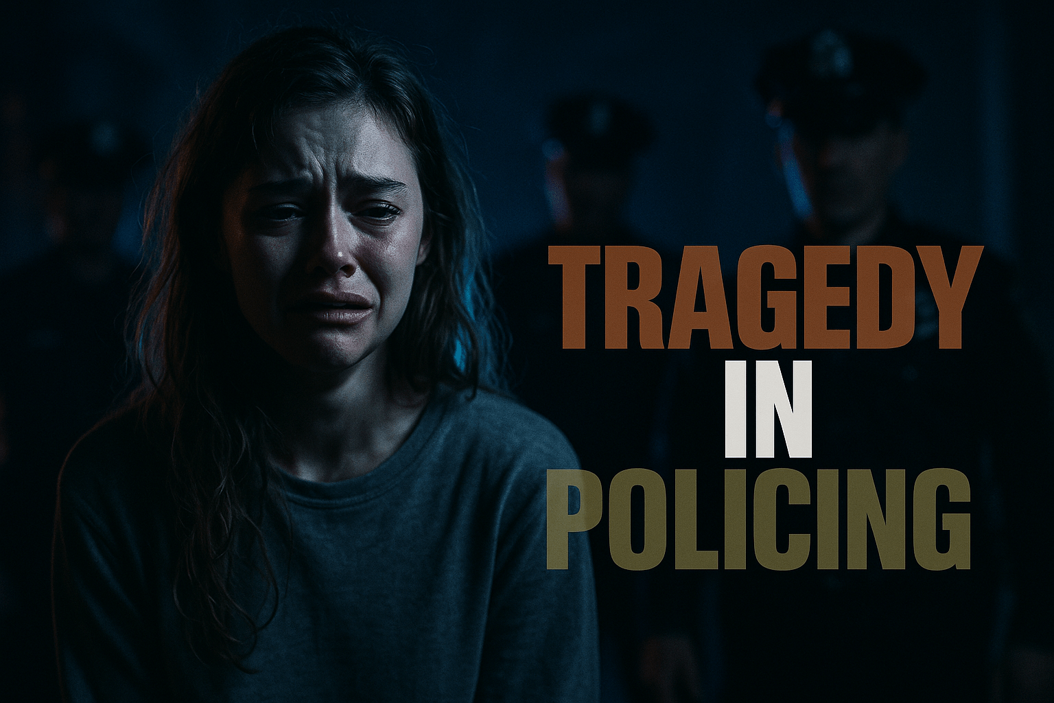 A cinematic image of a tense police encounter during a mental health crisis, featuring a distressed young woman with an emotional expression, illuminated by dramatic lighting that highlights her vulnerability. The background shows blurred police officers in the shadows, creating a sense of urgency and tension. The color palette includes deep blues and stark whites to enhance the emotional impact. The composition follows the rule of thirds, focusing on the woman in the foreground while leading lines draw attention to the officers. The high-impact phrase 'TRAGEDY IN POLICING' is displayed in a multi-line H2 'impact' font, with 'TRAGEDY' in Bronze, 'IN' in White, and 'POLICING' in Olive, ensuring the text pops against the background.