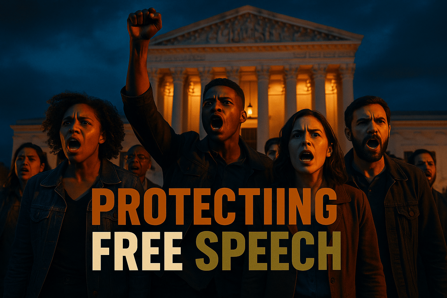 A cinematic image of a diverse group of people passionately advocating for free speech, set against a backdrop of a historic Supreme Court building, illuminated by dramatic lighting that highlights their determined expressions. The mood is intense and hopeful, capturing the essence of civil rights activism. Include a striking detail of a raised fist symbolizing resistance and unity. Use vibrant colors to create contrast, with a focus on deep blues and warm bronze tones. The composition follows the rule of thirds, drawing the viewer's eye to the central figures. In bold, multi-line H2 'impact' font, display the phrase 'PROTECTING FREE SPEECH' with 'PROTECTING' in Bronze, 'FREE' in White, and 'SPEECH' in Olive, ensuring the text stands out against the background.