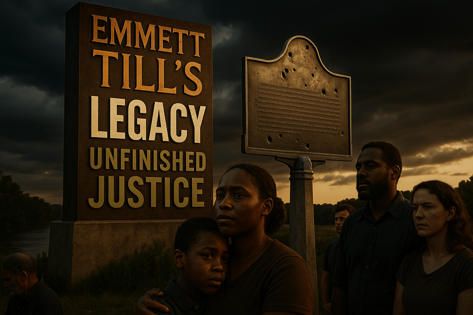 A cinematic image of a powerful memorial scene depicting Emmett Till's legacy, featuring a striking monument with a bulletproof sign, illuminated by dramatic lighting that highlights the emotional weight of the moment. The background shows a serene landscape near the Tallahatchie River, with contrasting dark clouds overhead symbolizing the ongoing struggle for justice. The foreground captures a close-up of a diverse group of people, including a Black mother and her child, looking solemn yet hopeful, conveying a sense of resilience and determination. The image should evoke a mood of reflection and urgency, with rich colors of bronze, white, and olive enhancing the emotional impact. 'EMMETT TILL'S' in bold BRONZE, 'LEGACY' in WHITE, 'UNFINISHED JUSTICE' in OLIVE, all in a multi-line H2 'impact' font, ensuring the text stands out against the background.