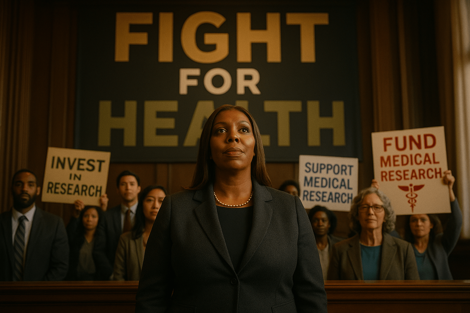 A cinematic image of a determined Black woman, Attorney General Letitia James, standing confidently in a courtroom, surrounded by diverse supporters holding signs advocating for medical research funding. The scene is illuminated by warm, golden lighting, creating a hopeful and empowering mood. The background features a large banner reading 'FIGHT FOR HEALTH' in a bold, multi-line H2 impact font, with 'FIGHT' in bronze, 'FOR' in white, and 'HEALTH' in olive, all separated from the background for emphasis. The composition follows the rule of thirds, drawing the viewer's eye towards Letitia James as the focal point, with contrasting colors that make the image pop.