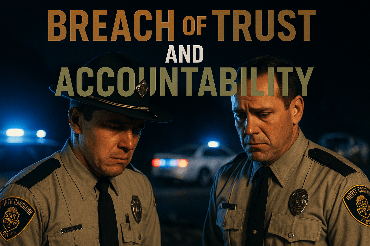 A cinematic image of two North Carolina state troopers in a tense moment, faces showing concern and guilt, bright lighting highlighting their expressions, photorealistic style, capturing the emotional weight of accountability. The background features a blurred police car and a crash scene, creating a sense of urgency. The composition follows the rule of thirds, guiding the viewer's eye towards the troopers. Use contrasting colors with deep blues and bright whites to emphasize the seriousness of the situation. Overlay the high-impact phrase in a multi-line H2 'impact' font: 'BREACH OF TRUST' in Bronze, 'AND' in White, 'ACCOUNTABILITY' in Olive.