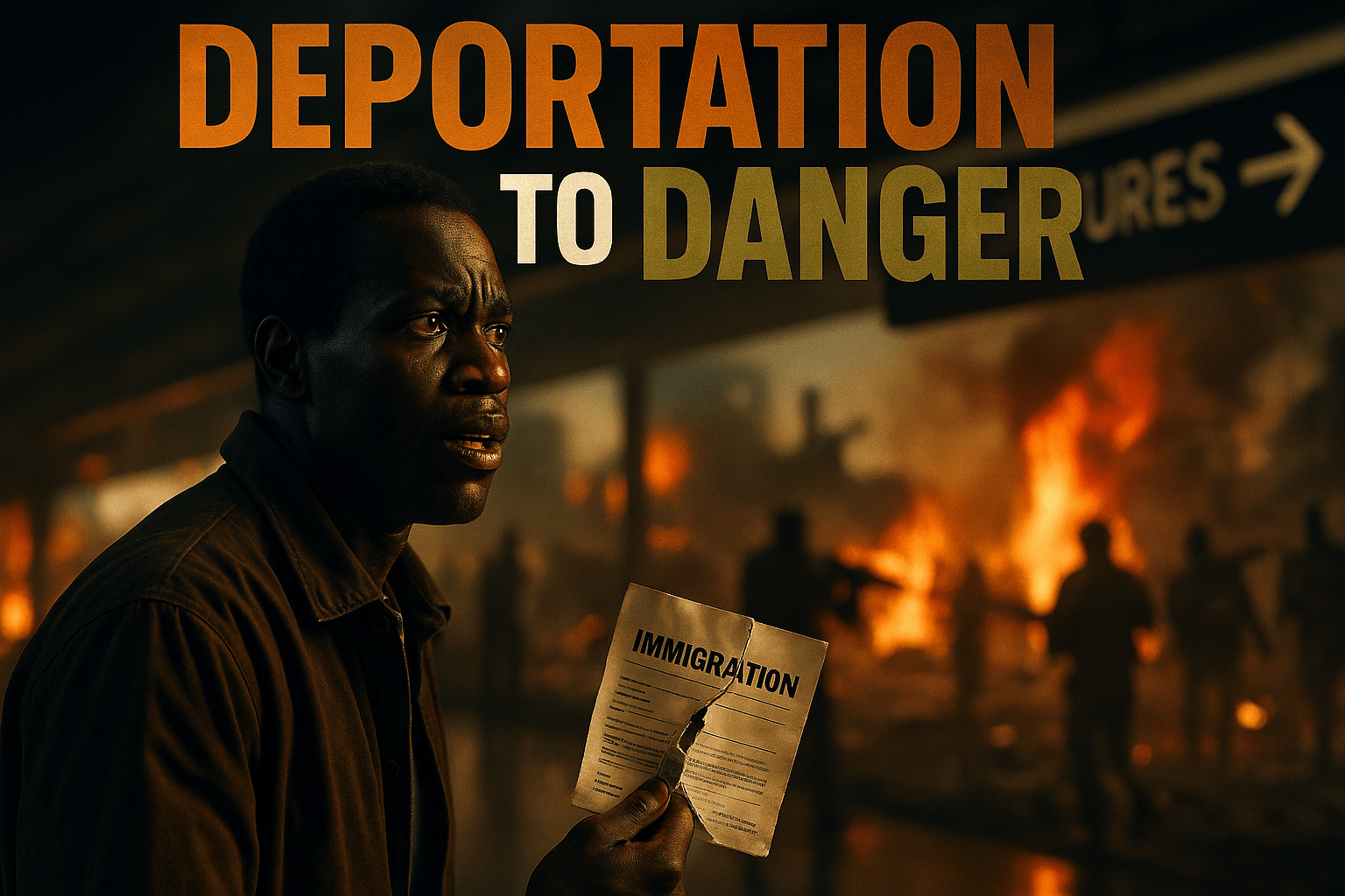 A cinematic image of a distressed Black immigrant standing at an airport terminal, looking anxiously towards a departure gate, with a blurred background of chaotic scenes representing dangerous