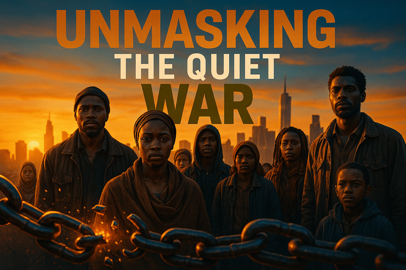 A cinematic image of a diverse group of Black migrants standing together with expressions of resilience and determination, set against a backdrop of a city skyline at sunset, warm golden lighting illuminating their faces, capturing a mood of hope amidst struggle. The composition follows the rule of thirds, with the group positioned in the foreground and the skyline in the background. Striking detail: a symbolic representation of chains breaking in the foreground. Use vibrant colors to enhance emotional impact, with contrasting hues of orange and blue. 'UNMASKING THE QUIET WAR' in a multi-line H2 'impact' font, with 'UNMASKING' in Bronze, 'THE QUIET' in White, and 'WAR' in Olive, ensuring the text is bold and stands out against the image.