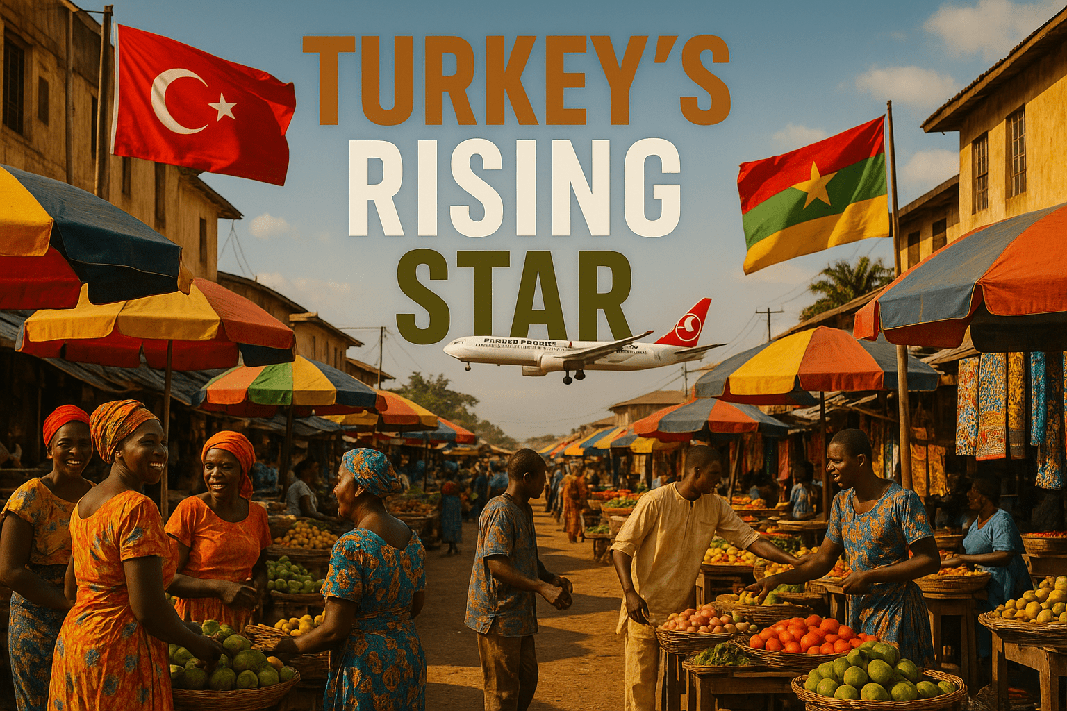 A cinematic image of a vibrant West African market scene, showcasing Turkish influence with colorful stalls, people engaging in trade, and a backdrop of Turkish and African flags. Bright, warm lighting enhances the lively atmosphere, captured with a DSLR camera to evoke a sense of realism and connection. The mood is dynamic and inviting, with a striking detail of a Turkish Airlines airplane in the sky above. The high-impact phrase 'TURKEY'S RISING STAR' in a multi-line H2 'impact' font, with 'TURKEY'S' in Bronze, 'RISING' in White, and 'STAR' in Olive, making the words pop against the colorful background.