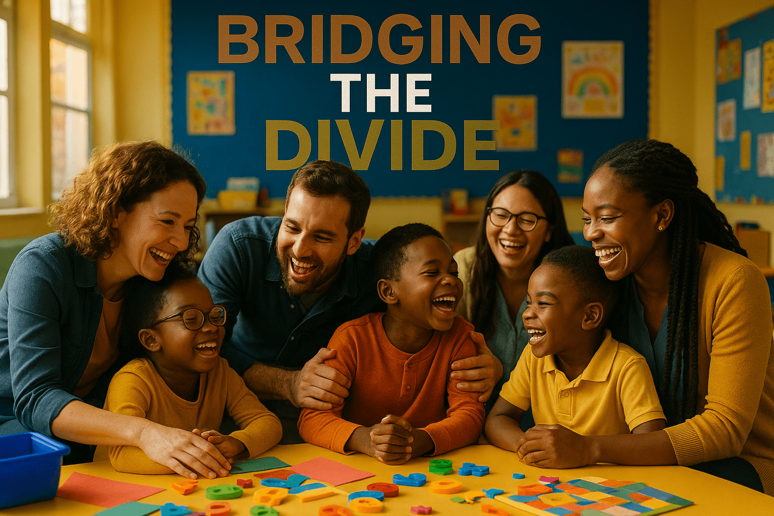 A cinematic image of a diverse group of special education teachers engaging with students of color in a vibrant classroom setting, showcasing emotional expressions of joy and connection. Bright, warm lighting enhances the atmosphere, captured with a DSLR camera to create a photorealistic effect. The mood is uplifting and hopeful, with a striking detail of colorful educational materials scattered around. Use contrasting colors like deep blue and bright yellow to make the scene pop. The composition follows the rule of thirds, focusing on the interaction between teachers and students. 'BRIDGING THE DIVIDE' in a multi-line H2 'impact' font, with 'BRIDGING' in Bronze, 'THE' in White, and 'DIVIDE' in Olive, ensuring the text stands out against the background.