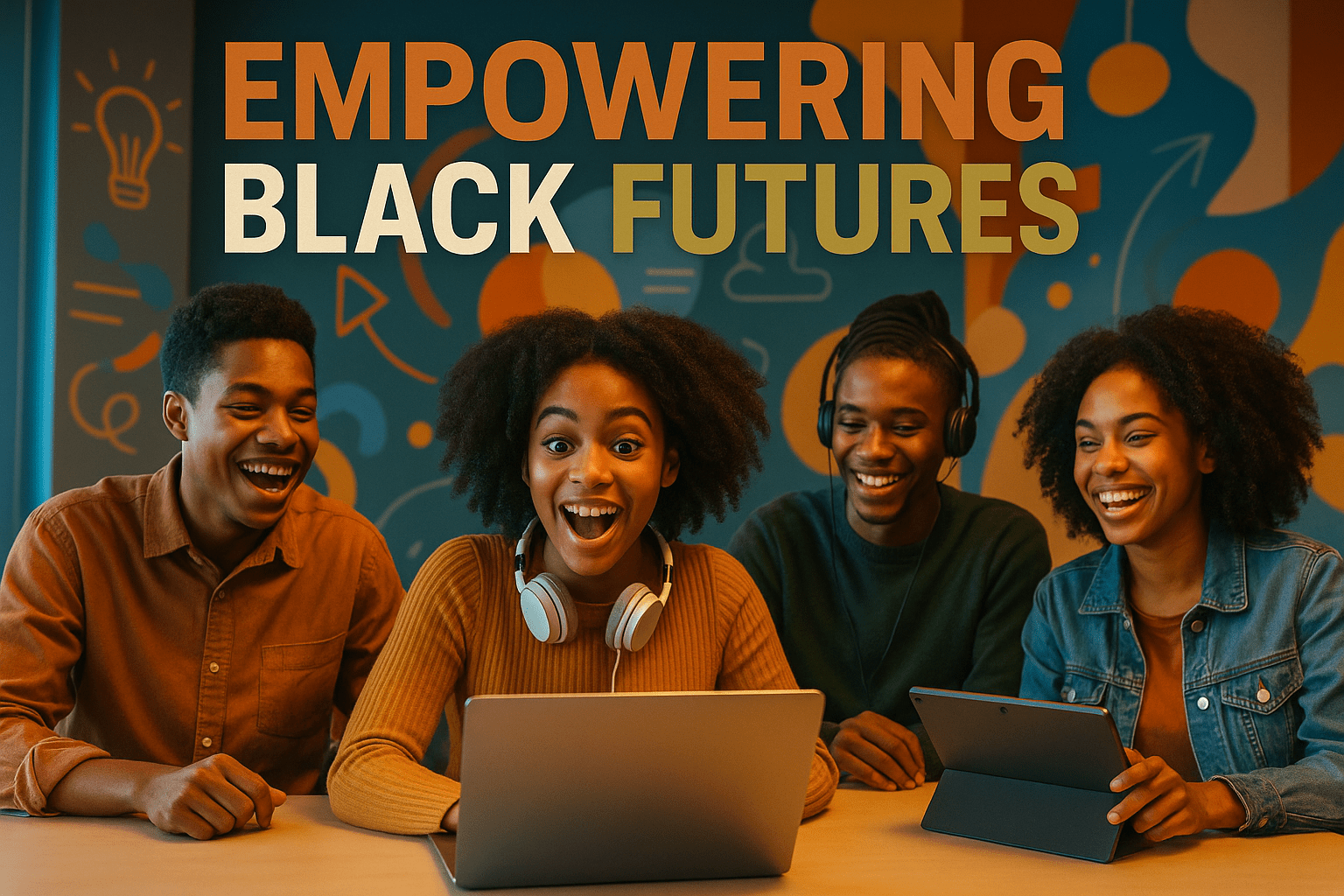 A cinematic image of a diverse group of enthusiastic Black students engaged in a vibrant digital learning environment, showcasing modern technology and design elements, with bright colors and emotional expressions. The scene is illuminated with warm, inviting lighting, captured with a high-resolution camera to convey a sense of empowerment and innovation. The background features abstract design motifs symbolizing creativity and collaboration. The high-impact phrase 'EMPOWERING BLACK FUTURES' is displayed in a multi-line H2 'impact' font, with 'EMPOWERING' in Bronze, 'BLACK' in White, and 'FUTURES' in Olive, ensuring the text stands out against the dynamic backdrop.