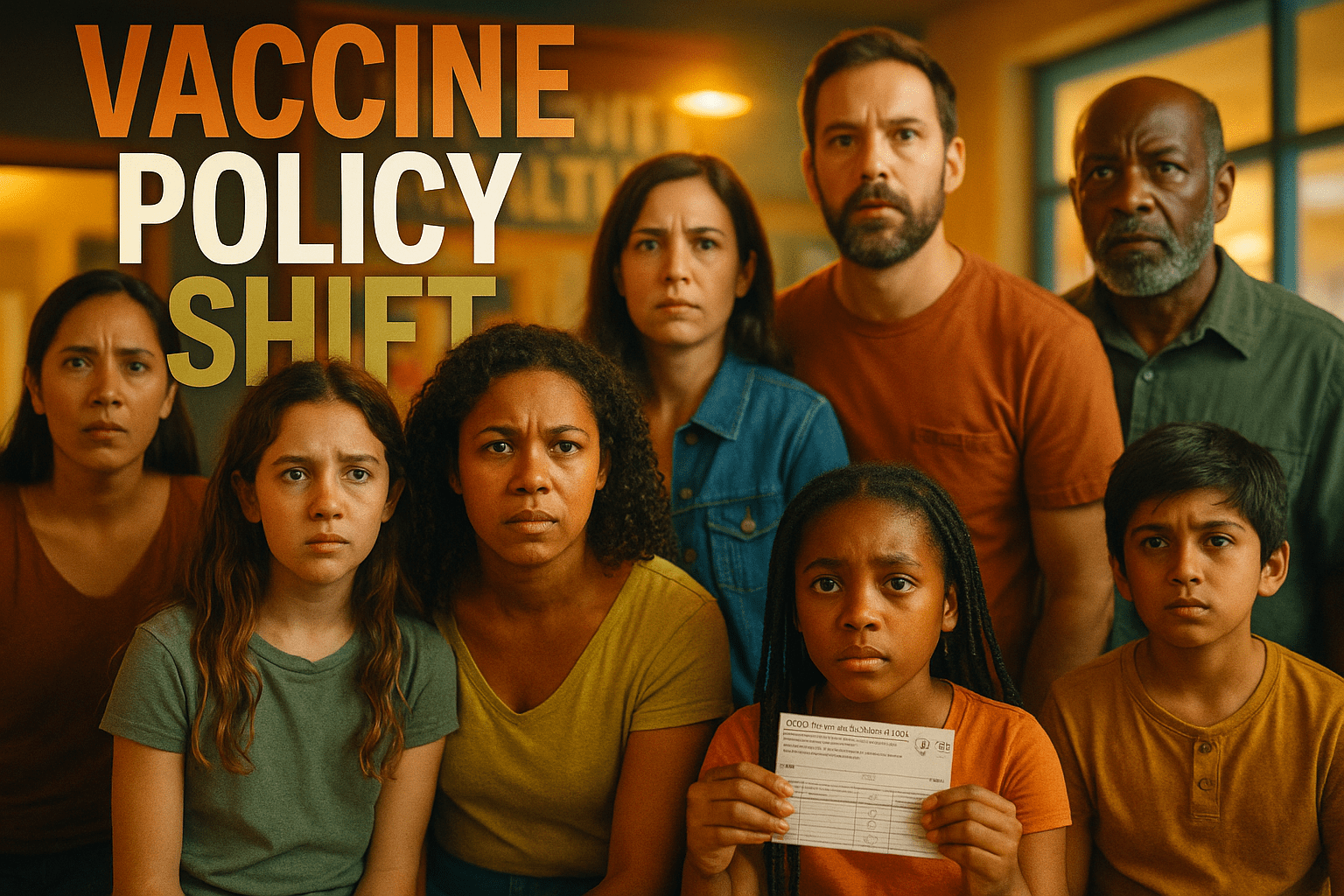 A cinematic image of a diverse group of concerned individuals, including children and adults, gathered in a community setting, expressing worry and determination about vaccine access and public health, with bright, contrasting colors to evoke urgency. The lighting is warm and inviting, creating a hopeful yet serious mood. The camera angle is slightly low, emphasizing the expressions on their faces, and a striking detail is a child holding a vaccination card. The background features a blurred community health center. 'VACCINE POLICY SHIFT' in a multi-line H2 impact font, with 'VACCINE' in Bronze, 'POLICY' in White, and 'SHIFT' in Olive, ensuring the text pops against the background.