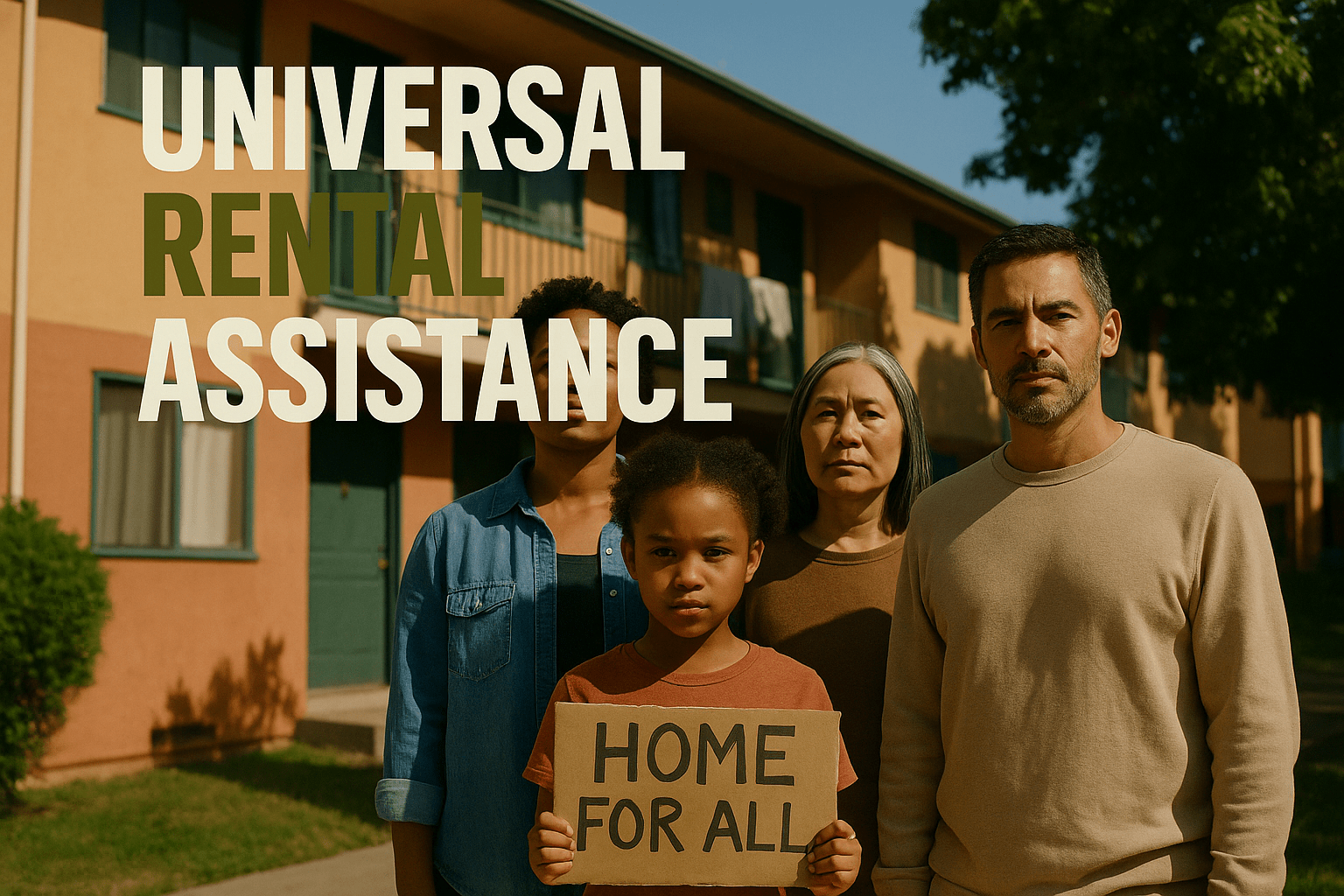 A cinematic image of a diverse group of people standing together in front of a modest apartment building, showcasing a sense of community and resilience, bright sunlight illuminating their faces, captured with a DSLR camera, evoking a hopeful and determined mood, with a striking detail of a child holding a 