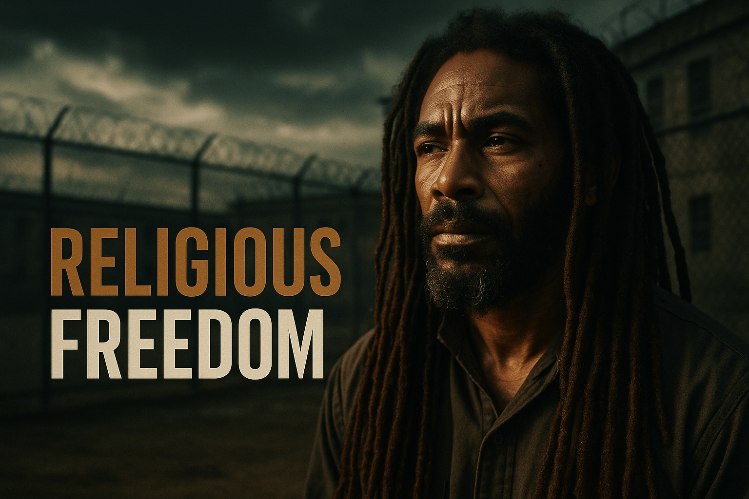 A cinematic image of a Rastafarian man with long dreadlocks, looking contemplative and resilient, set against a backdrop of a prison yard under dramatic, moody lighting. The atmosphere is tense yet hopeful, capturing the struggle for religious freedom. The image should feature strong contrasts between shadows and highlights, emphasizing the man's facial expression and the symbolic nature of his hair. Use a shallow depth of field to focus on the man's face while softly blurring the prison environment behind him. The high-impact phrase 'RELIGIOUS FREEDOM' should be displayed in a multi-line H2 impact font, with 'RELIGIOUS' in Bronze, 'FREEDOM' in White, and a subtle Olive accent for any additional words, ensuring they pop against the background.
