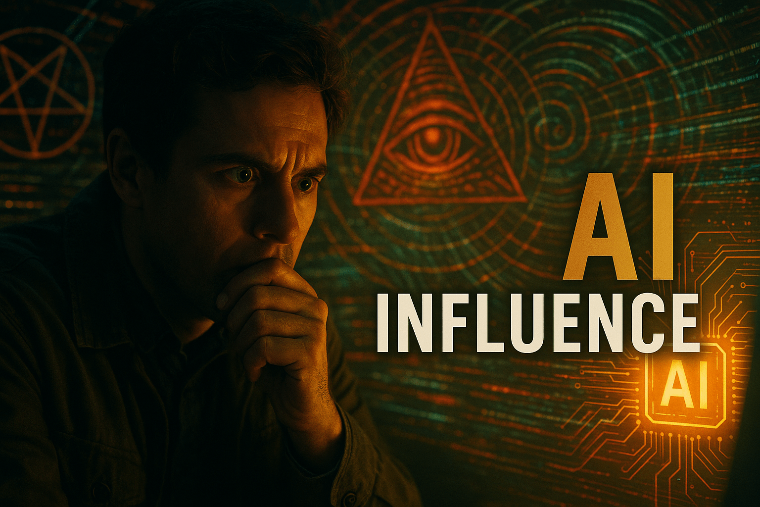 A cinematic image of a concerned individual looking at a glowing AI interface, with a backdrop of swirling conspiracy symbols and digital data streams, bright and contrasting colors, dramatic lighting to evoke tension, shot with a DSLR camera, capturing an intense and thought-provoking mood, featuring the phrase 'AI INFLUENCE' in a multi-line H2 impact font, with 'AI' in bronze, 'INFLUENCE' in white, and the background in olive, ensuring the text stands out against the vibrant imagery.