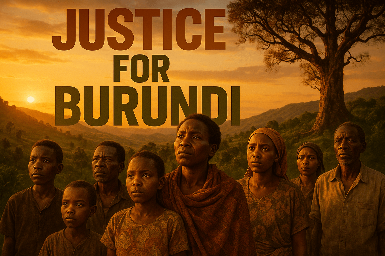 A cinematic image of a Burundian landscape at sunset, capturing a diverse group of people with emotional expressions, reflecting hope and resilience. The scene is illuminated with warm, golden lighting, creating a contrast against the deep greens of the landscape. The camera angle is slightly elevated, showcasing the group in the foreground while the background features rolling hills. A striking detail is a large, weathered tree symbolizing strength and endurance. The high-impact phrase 'JUSTICE FOR BURUNDI' is displayed in a multi-line H2 'impact' font, with 'JUSTICE' in Bronze, 'FOR' in White, and 'BURUNDI' in Olive, positioned prominently in the upper third of the image, ensuring it stands out against the vibrant backdrop.