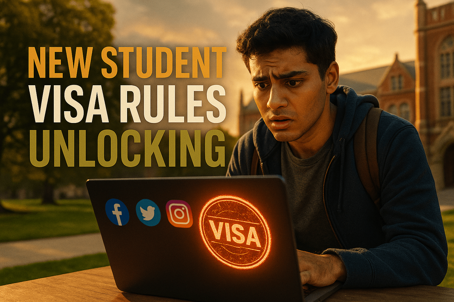 A cinematic image of an international student looking anxiously at a laptop screen displaying social media icons, with a backdrop of a university campus. The lighting is bright and hopeful, capturing the mood of anticipation and uncertainty. The camera angle is slightly low, emphasizing the student’s expression of concern and determination. Striking detail: a glowing visa stamp on the laptop screen. Use vibrant colors to create contrast, with a focus on warm tones to evoke emotion. The composition follows the rule of thirds, drawing the viewer's eye to the student’s face. Include the high-impact phrase in a multi-line H2 'impact' font: 'NEW STUDENT' in Bronze, 'VISA RULES' in White, 'UNLOCKING' in Olive.