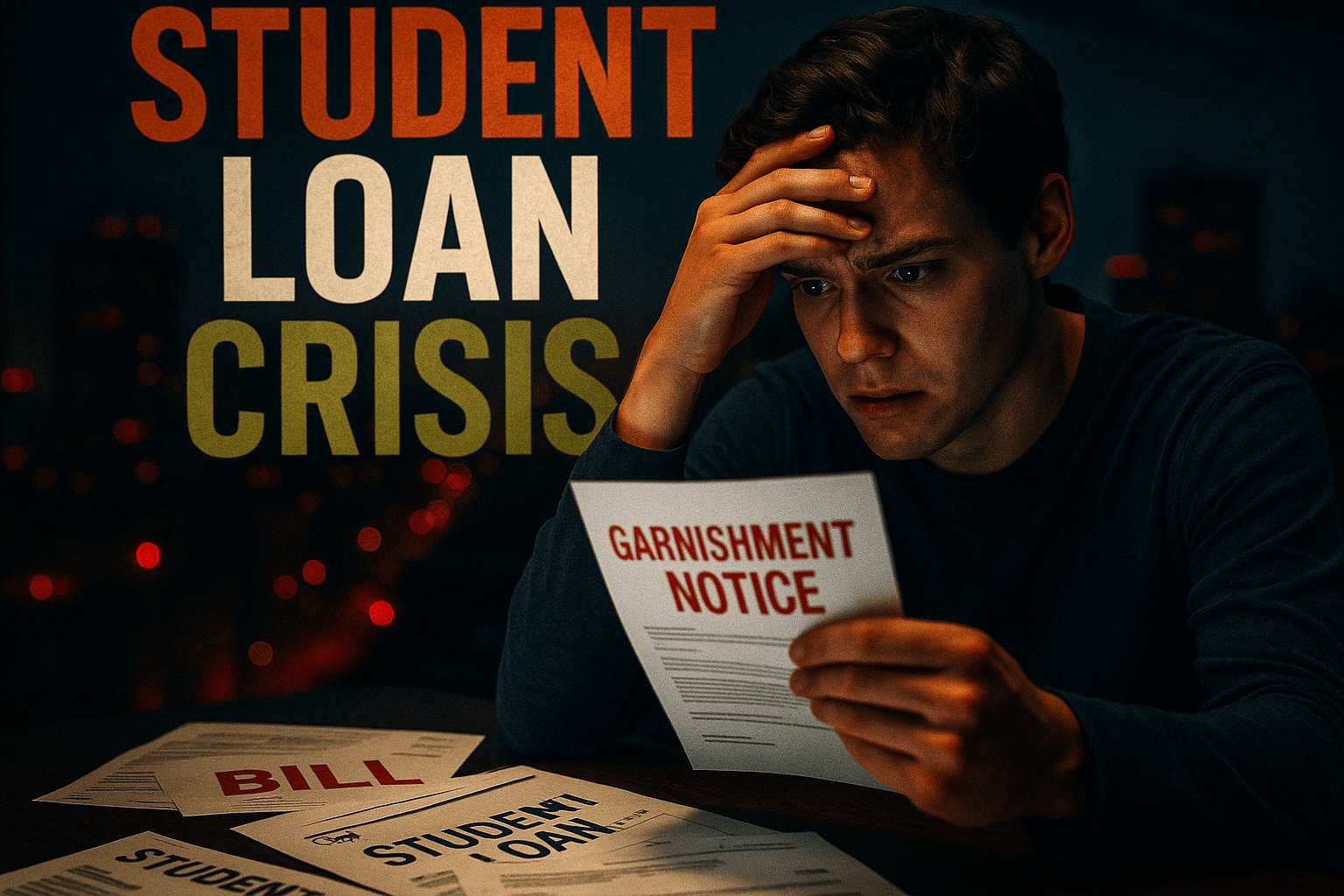 A cinematic image of a distressed student surrounded by bills and loan statements, with a worried expression on their face, illuminated by harsh overhead lighting to emphasize the weight of financial burden. The background features a blurred cityscape, symbolizing the broader economic struggle. The mood is tense and urgent, capturing the emotional impact of student loan collections. Include a striking detail of a garnishment notice in the student's hand. Use vibrant colors like deep reds and blues to create contrast and draw attention. The high-impact phrase 'STUDENT LOAN CRISIS' should be displayed in a multi-line H2 'impact' font, with 'STUDENT' in Bronze, 'LOAN' in White, and 'CRISIS' in Olive, ensuring the text pops against the background.