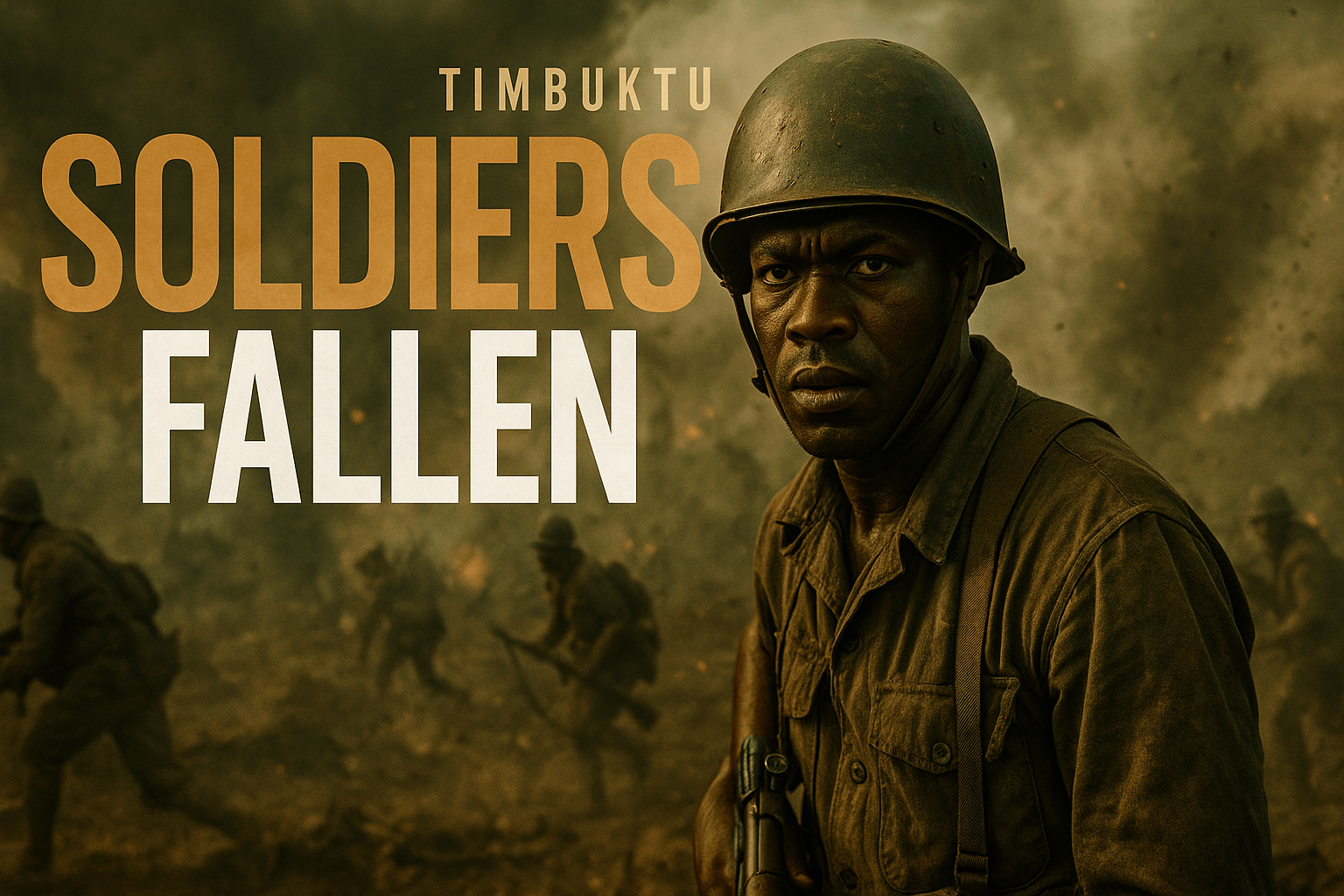 A cinematic image of a dramatic battlefield in Timbuktu, featuring a soldier in focus with a determined expression, surrounded by a smoky, chaotic environment, contrasting olive green and bronze tones. Include the high impact phrase 'SOLDIERS FALLEN' in large, bold letters: 'SOLDIERS' in bronze, 'FALLEN' in white, all caps, with a size not exceeding 70 pt. Ensure the text pops against the background with a strong contrast, positioned outside a 15% safe zone from the margins, capturing the gravity of the situation and drawing the viewer's attention.