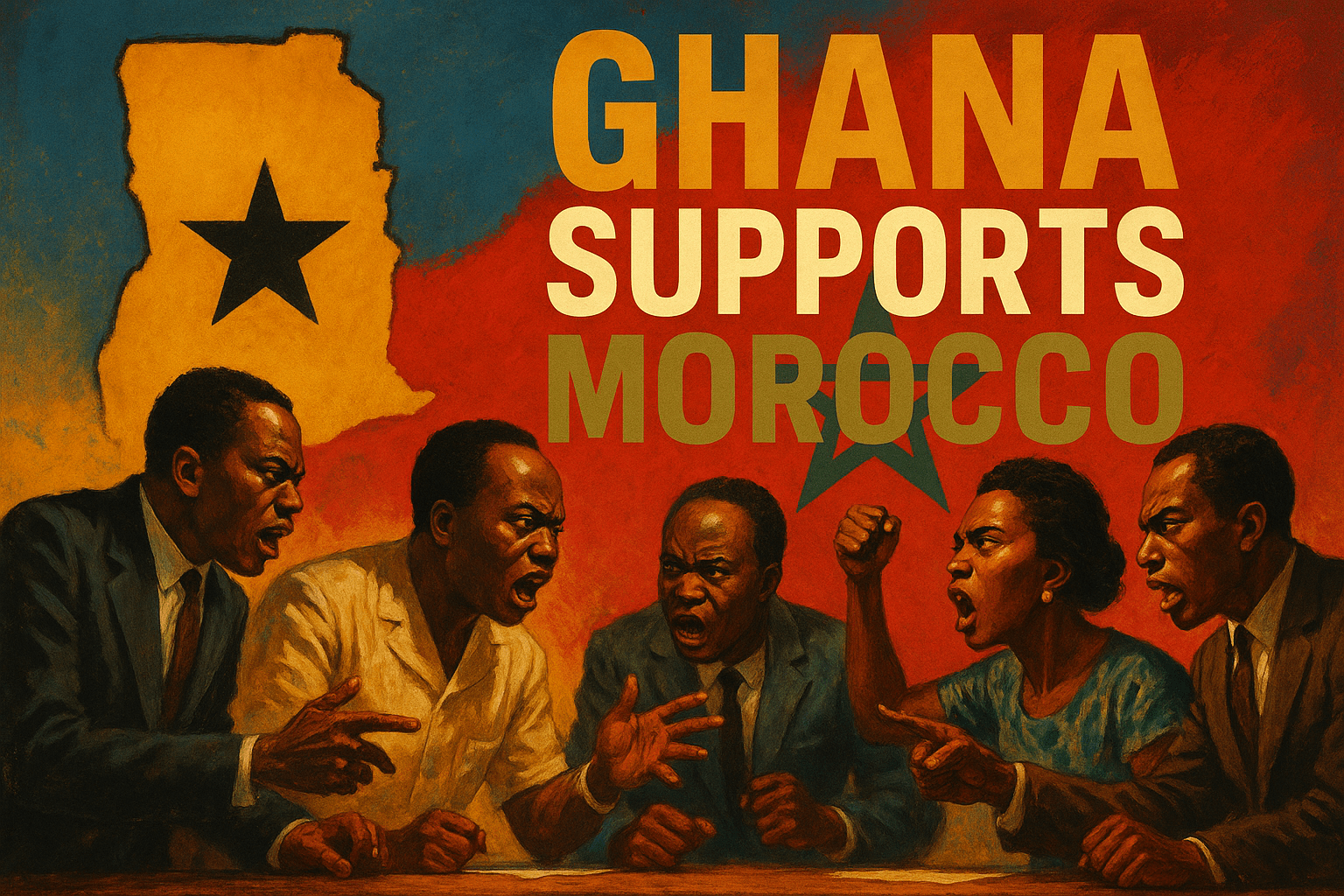 A cinematic image of a dramatic political scene showing a diverse group of passionate African leaders in a heated discussion about independence, set against a background featuring symbolic elements of Ghana and Morocco. Use bright colors to highlight their expressions of determination and unity. The focal point should be an imposing silhouette of Ghana's map merging with the Moroccan flag, creating a powerful visual narrative. The words 'GHANA SUPPORTS MOROCCO' should be displayed prominently in bold multi-line H2 