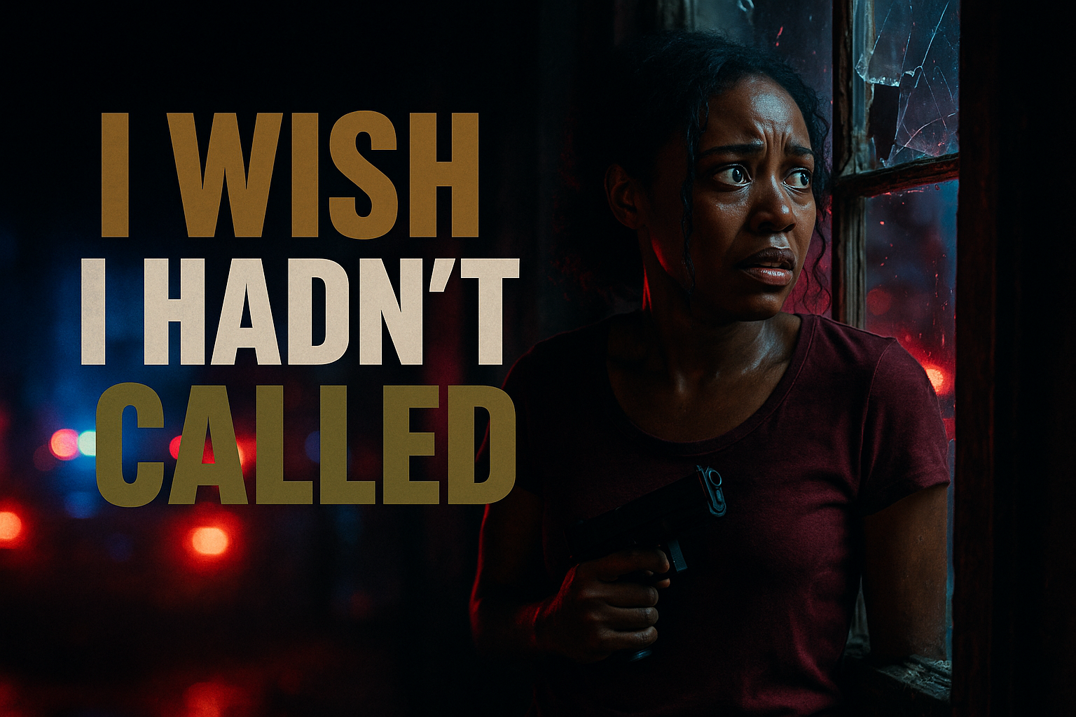 A cinematic image of a distressed Black woman at a broken window, holding a gun by her side, with fear and confusion in her eyes, surrounded by dark shadows and the glow of police lights outside, capturing the intensity and chaos of the moment; vivid contrast of colors with the focus on her emotional expression; background hints of chaos and urgency; include strong text elements in a multi-line H2 'IMPACT' font: 'I WISH' in Bronze, 'I HADN’T' in White, 'CALLED' in Olive Green, designed to pop against the dark backdrop, ensuring the text does not enter the 20% safe zone.