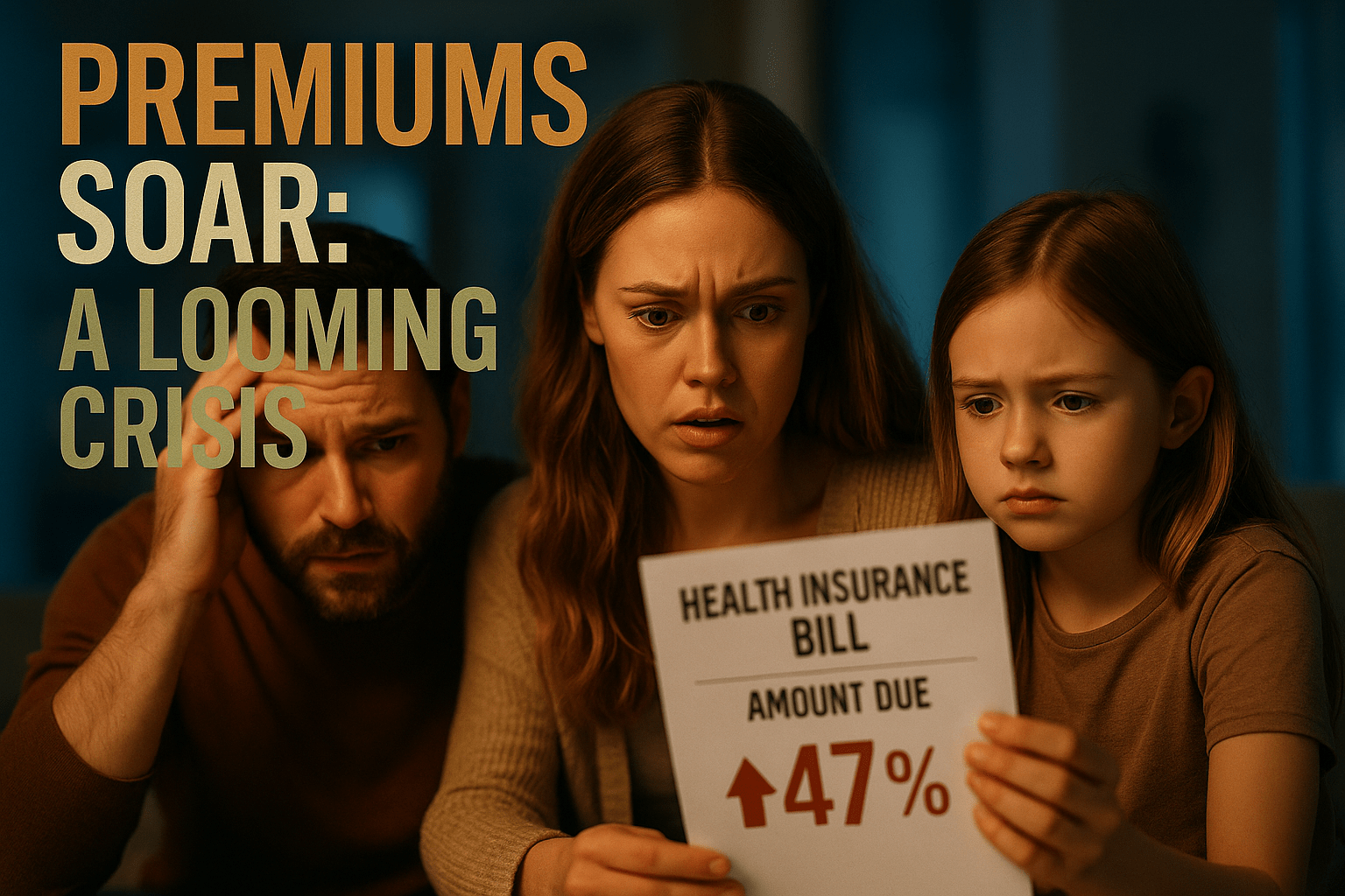 A cinematic image of a concerned family looking at a health insurance bill, with expressions of worry and confusion, bright lighting highlighting their faces, a shallow depth of field to focus on their emotions, and a striking detail of the bill showing a large percentage increase. The background should be softly blurred to emphasize the family's concern. Use contrasting colors, with warm tones for the family and cooler tones for the background to create a sense of urgency. The composition should follow the rule of thirds, placing the family on one side and the bill on the other. Include the high-impact phrase in a multi-line H2 'impact' font: 'PREMIUMS SOAR: A LOOMING CRISIS' with 'PREMIUMS' in Bronze, 'SOAR:' in White, and 'A LOOMING CRISIS' in Olive, ensuring the text is clear and stands out against the background.