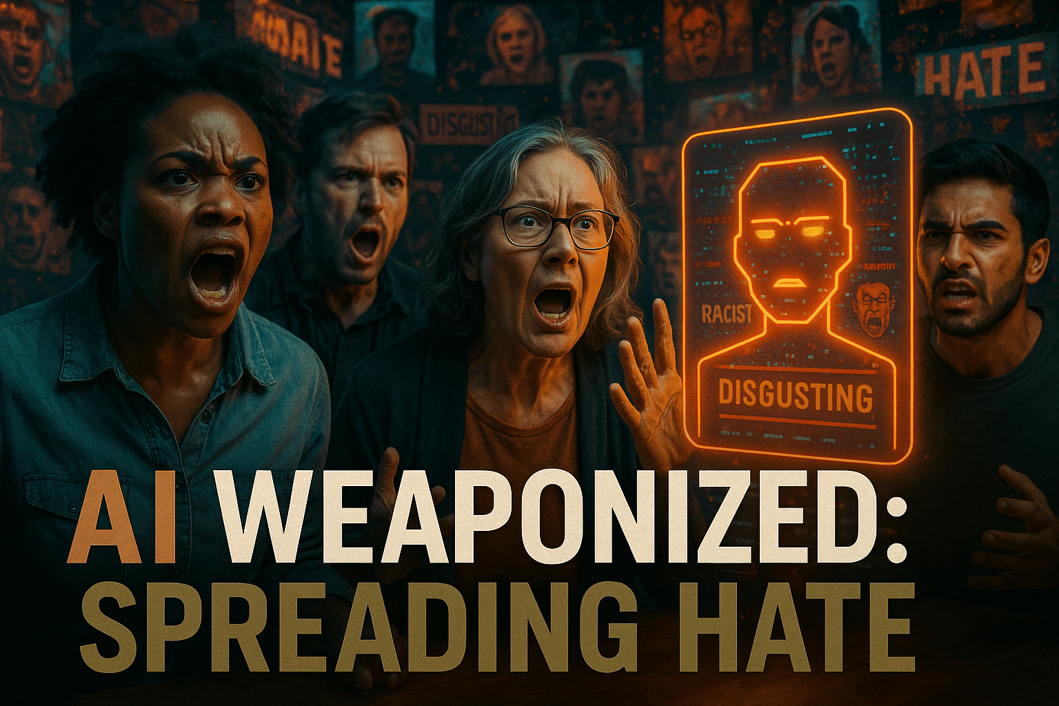 A cinematic image of a powerful AI-generated scene depicting a diverse group of individuals expressing outrage and concern, illuminated by dramatic lighting that highlights their emotional expressions. The background features a chaotic digital landscape filled with distorted images representing hate speech and stereotypes, creating a sense of urgency. The mood is tense and thought-provoking, with a striking detail of a glowing AI interface displaying hateful content. Use a photorealistic style with vibrant colors to enhance contrast, focusing on the faces of the individuals to draw viewers in. The composition follows the rule of thirds, guiding the eye towards the central figures. Include the high-impact phrase 'AI WEAPONIZED: SPREADING HATE' in a multi-line H2 impact font, with 'AI' in Bronze, 'WEAPONIZED:' in White, and 'SPREADING HATE' in Olive, ensuring the text is placed outside the 20% safe zone from all margins.