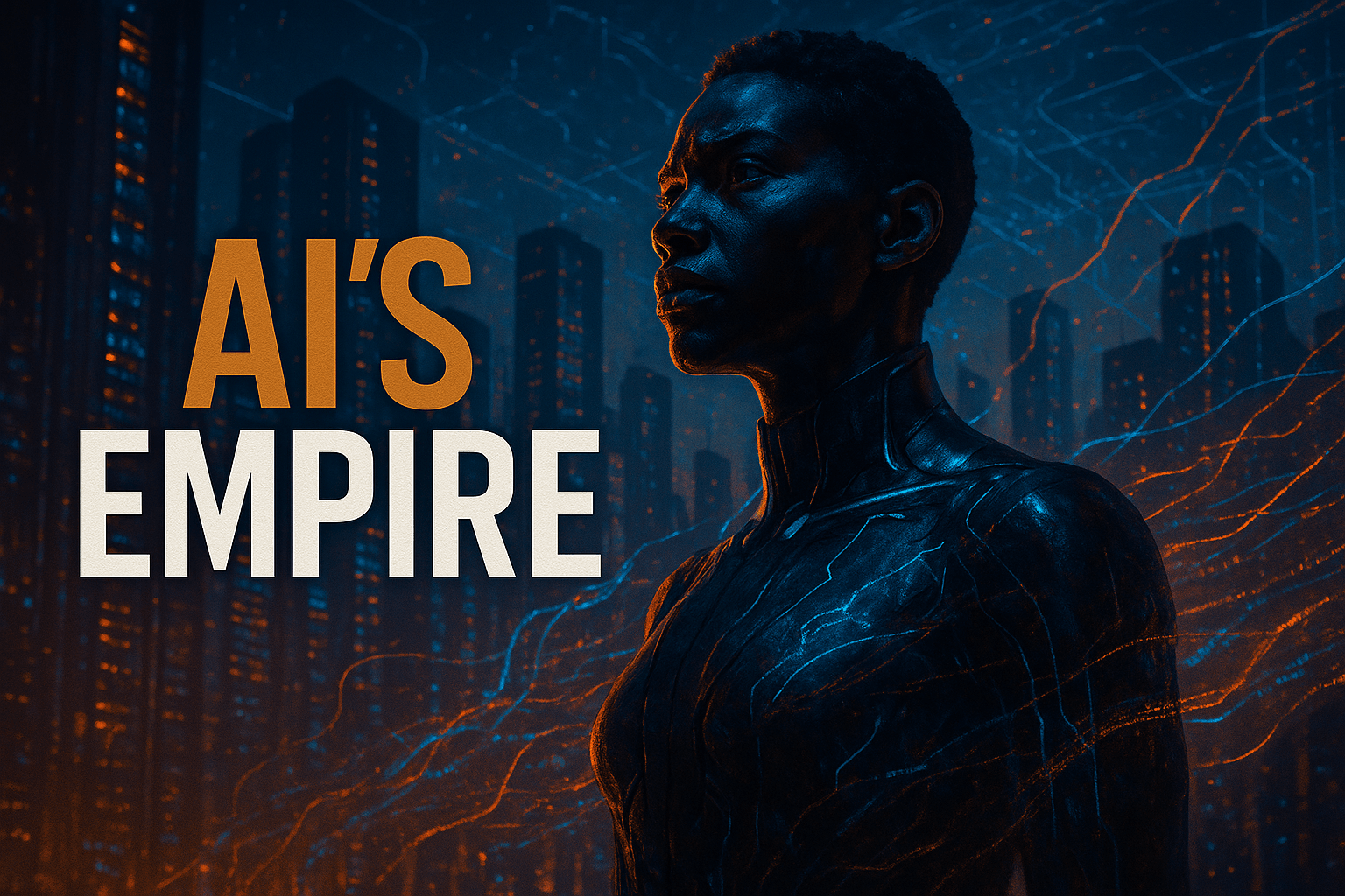 A cinematic image of a powerful AI figure standing in a futuristic cityscape, illuminated by neon lights, with a backdrop of towering data centers and a vast digital network. The figure, a diverse individual with a determined expression, gazes towards the horizon, symbolizing ambition and the ethical dilemmas of technology. The lighting is dramatic, casting deep shadows and highlighting the figure's face. The mood is intense and thought-provoking, with a striking detail of holographic data streams flowing around the figure. Use contrasting colors of deep blues and vibrant oranges to create a visually striking composition. Incorporate the high-impact phrase 'AI'S EMPIRE' in a multi-line H2 impact font, with 'AI'S' in Bronze, 'EMPIRE' in White, and a subtle Olive accent. Ensure the text is prominent and stands out against the background.