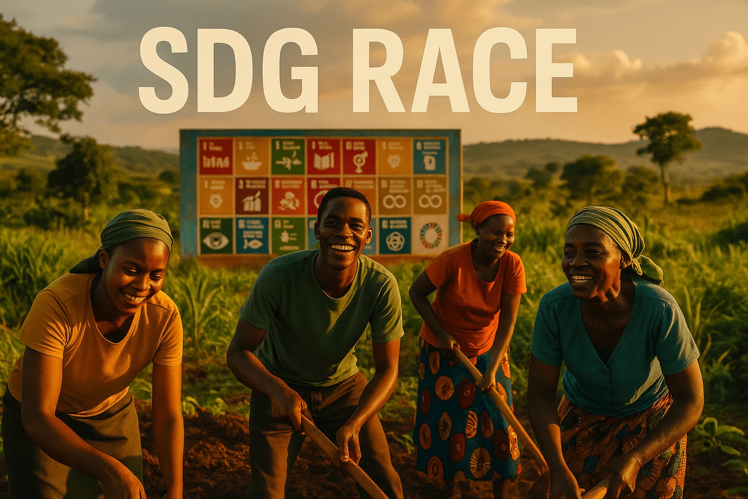 A cinematic image of a vibrant African landscape with diverse people working together towards sustainable development goals, showcasing determination and hope. Bright, warm lighting with a focus on the faces of individuals expressing optimism. The mood is uplifting and inspiring, captured with a DSLR camera. Striking detail: a colorful mural depicting the SDGs in the background. Use contrasting colors like deep greens and bright yellows to enhance the focal point. At the top, in a multi-line H2 'impact' font: 'BRONZE' 'WHITE' 'OLIVE' for the words 