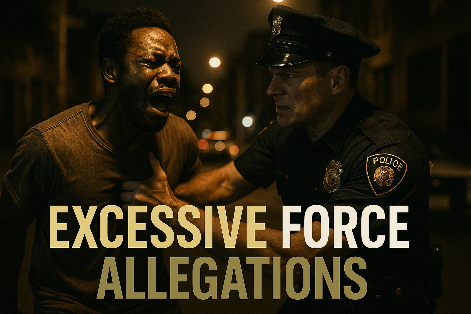 A cinematic image of a tense police encounter in an urban setting, featuring a distressed African American man being confronted by a police officer, capturing a moment of excessive force. The scene is illuminated by harsh streetlights, creating dramatic shadows that enhance the emotional intensity. The mood is tense and urgent, with a focus on the expressions of both individuals to convey the gravity of the situation. Use a DSLR camera perspective to emphasize the realism, with a striking detail of the officer's badge in sharp focus. The background should be slightly blurred to keep attention on the subjects. High-impact phrase in bold H2 font: 'EXCESSIVE FORCE ALLEGATIONS' with 'EXCESSIVE' in Bronze, 'FORCE' in White, and 'ALLEGATIONS' in Olive, ensuring the text pops against the dark background.