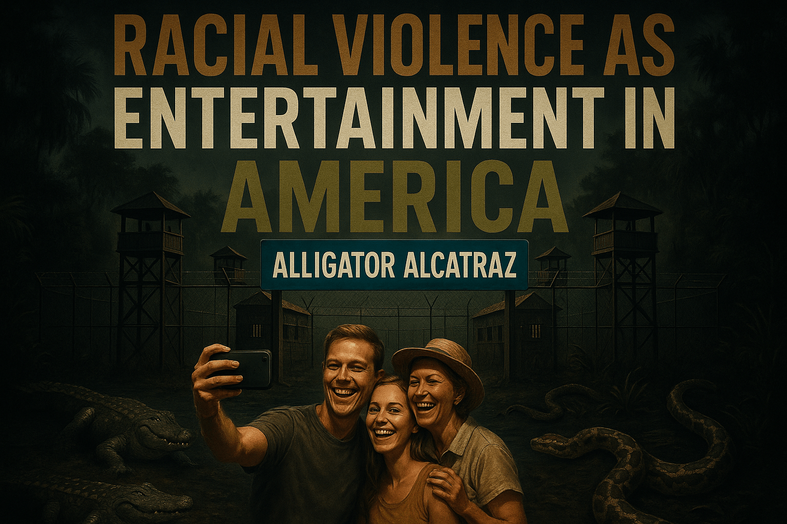 A cinematic image of a Florida Everglades concentration camp named 'ALLIGATOR ALCATRAZ', with a bright blue sign, surrounded by alligators and pythons, depicting tourists smiling and taking selfies, juxtaposing horror and entertainment; saturation contrast emphasizing racial violence as a spectacle, the background showcasing dense, ominous foliage, and dark waters, all elements arranged for visual impact, utilizing high-contrast colors: black for the ground, olive green for the plants, and bronze accents in the camp's architecture, with the phrase 'RACIAL VIOLENCE AS' in large bronze letters, 'ENTERTAINMENT IN' in white letters, and 'AMERICA' in olive green letters, all bold and captivating, ensuring text elements are outside the 20% safe zone, creating a chilling yet intriguing allure.