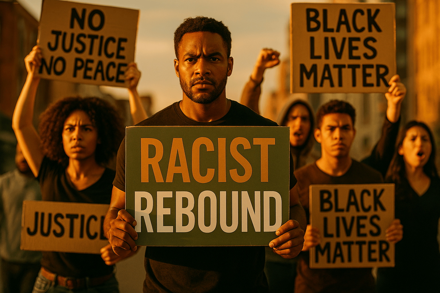 A cinematic image of a diverse group of protesters holding signs demanding racial justice, illuminated by warm golden hour lighting, capturing their passionate expressions and determination. The background features a blurred cityscape, symbolizing the ongoing struggle for equality. The composition follows the rule of thirds, with the main subjects in focus and leading lines guiding the viewer's eye. The high-impact phrase 'RACIST REBOUND' is displayed in a multi-line H2 font, with 'RACIST' in Bronze, 'REBOUND' in White, and the background in Olive, ensuring the text pops against the vibrant scene.
