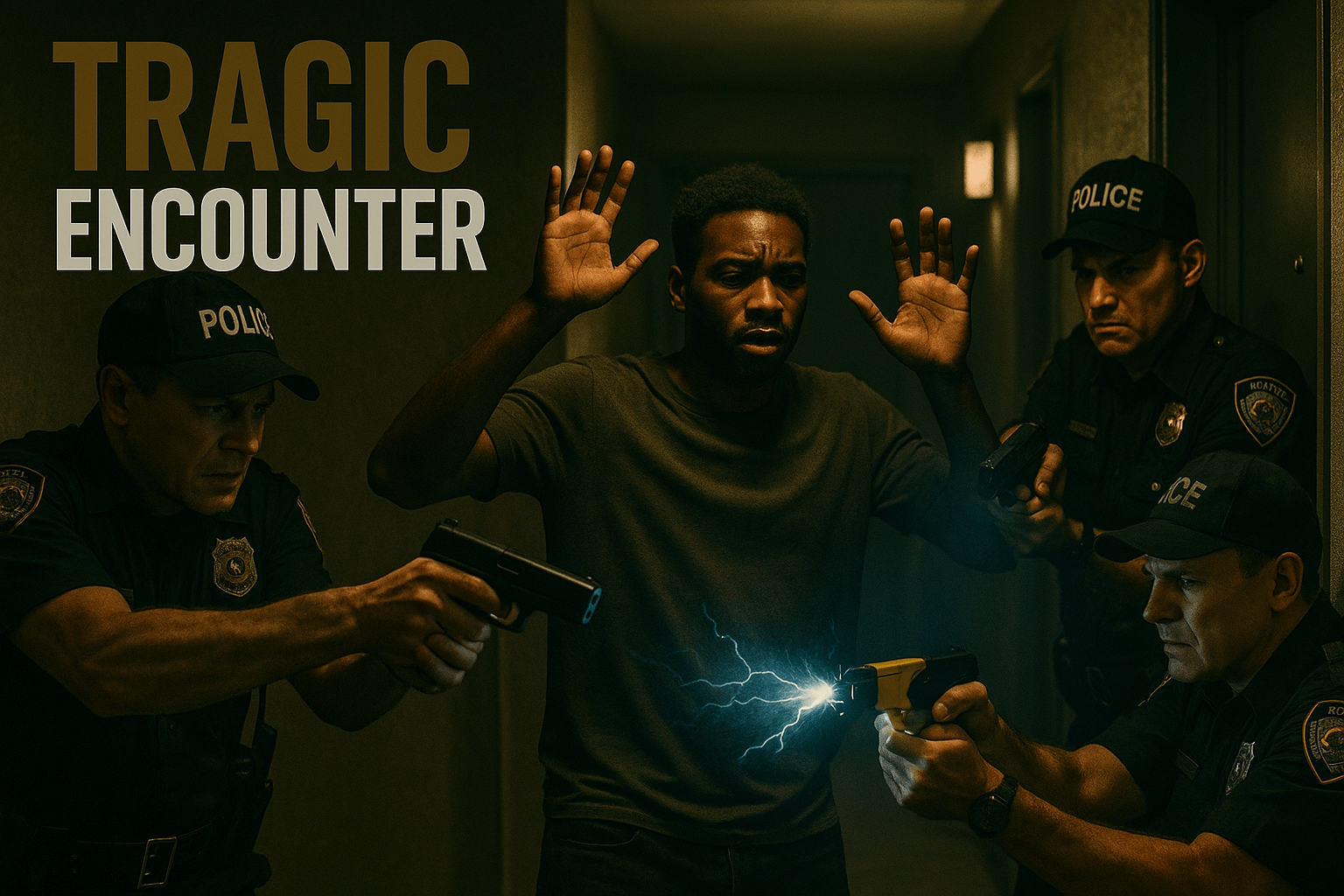 A cinematic image of a tense police encounter in a dimly lit urban apartment hallway, capturing the moment of confusion and fear as a Black man stands with his hands raised, surrounded by police officers with drawn weapons. The scene is filled with contrasting shadows and highlights, emphasizing the emotional weight of the moment. The mood is somber and dramatic, with a focus on the expressions of the officers and the man, conveying a sense of urgency and tragedy. The striking detail is the bright flash of a Taser being deployed, illuminating the scene. The composition follows the rule of thirds, drawing the viewer's eye to the central figures. 'TRAGIC ENCOUNTER' in a multi-line H2 impact font, with 'TRAGIC' in Bronze, 'ENCOUNTER' in White, and a dark Olive background that enhances the text's visibility.