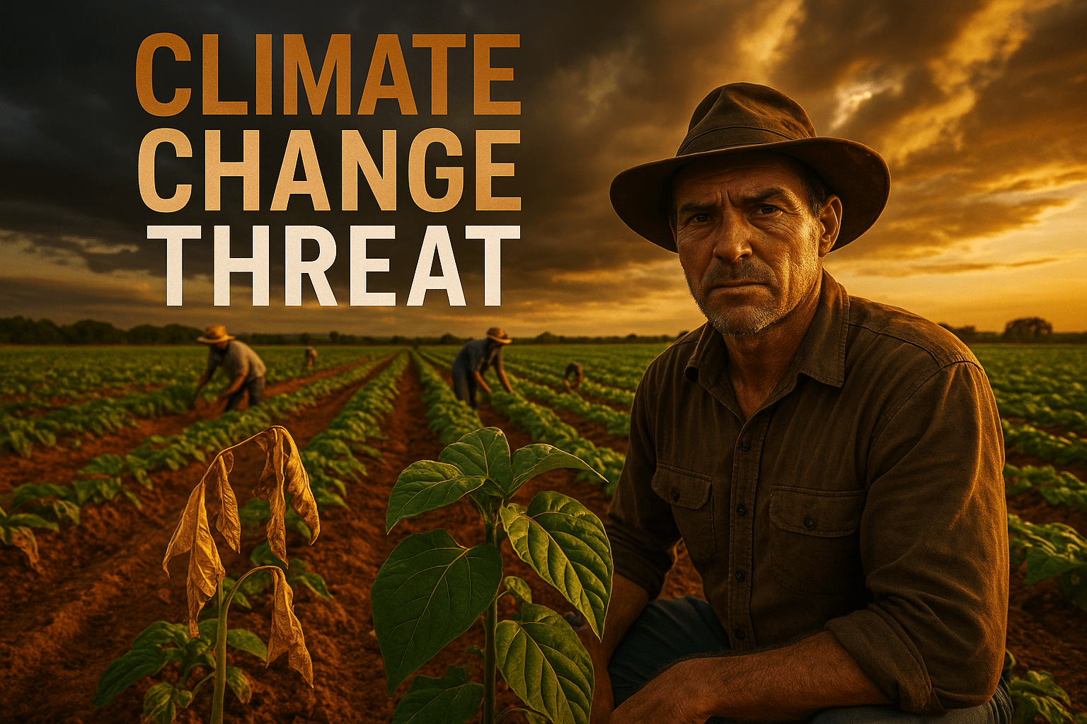 A cinematic image of a vibrant agricultural landscape under a dramatic sky, showcasing farmers working amidst rows of crops affected by climate change, with a focus on a farmer's determined face expressing resilience. The lighting is warm and golden, evoking hope, captured with a DSLR camera for photorealism. The mood is both urgent and hopeful, emphasizing the struggle against climate impacts. Include a striking detail of a wilting plant juxtaposed with a healthy one, symbolizing the contrast of resilience and vulnerability. Use bold colors like deep greens and earthy browns to enhance the visual impact. 'CLIMATE CHANGE' in a multi-line H2 impact font, with 'CLIMATE' in Bronze, 'CHANGE' in White, and 'THREAT' in Olive, ensuring the text pops against the background without cluttering the image.