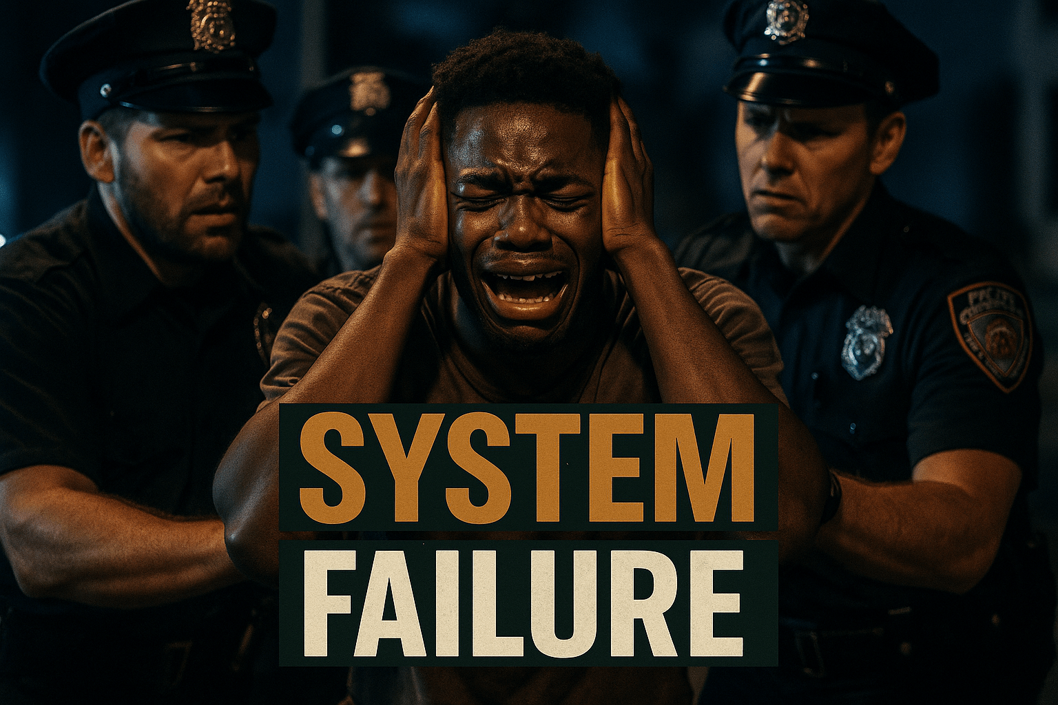 A cinematic image of a young Black man in a distressed pose, surrounded by police officers in a tense atmosphere, capturing a moment of urgency and emotional turmoil. The lighting is dramatic with high contrast, emphasizing the man's expression of desperation. The scene is shot with a DSLR camera to achieve photorealism, with a focus on the man's face and the officers' concerned expressions. The background is slightly blurred to enhance the emotional impact. Use a color palette of deep blues and warm bronzes to create a striking contrast. The high-impact phrase 'SYSTEM FAILURE' in a multi-line H2 impact font, with 'SYSTEM' in Bronze, 'FAILURE' in White, and an Olive background, ensuring it pops against the image.