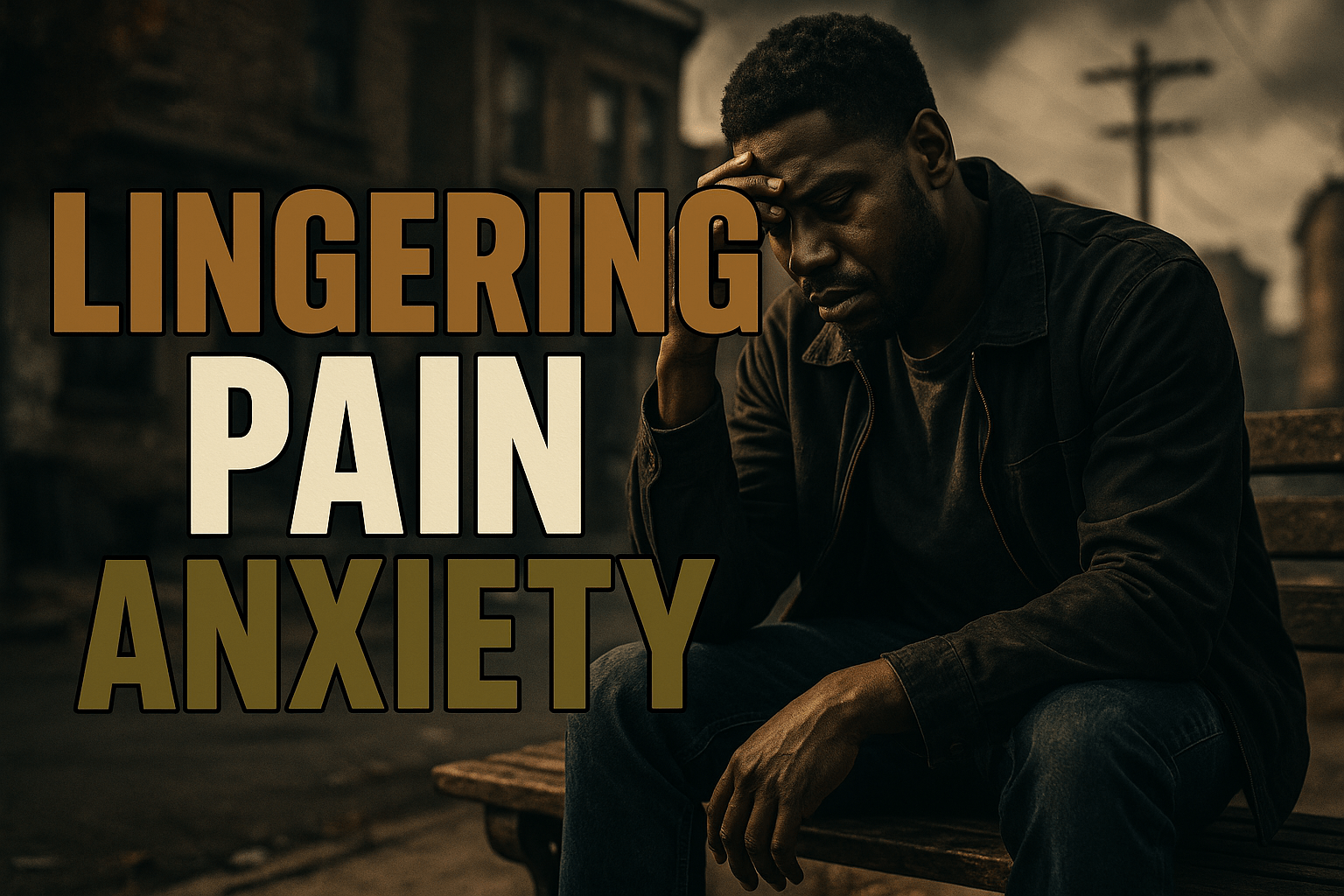 A cinematic image of a Black man sitting alone on a city bench, his face expressing deep emotional distress and contemplation, surrounded by a blurred urban landscape that signifies his return to society after incarceration. The atmosphere is dramatic with contrasting light and shadow, emphasizing his loneliness and the weight of his experiences. The background should feature elements of a rundown neighborhood, subtly illustrating the struggle of reintegration. Overlay the high-impact phrase in multi-line H2 'impact' font: 'LINGERING', 'PAIN', 'ANXIETY' - the word 'LINGERING' in Bronze, 'PAIN' in White, and 'ANXIETY' in Olive. Ensure the text pops with a contrasting outline to enhance visibility and remains outside of a 20% safe zone from all margins.