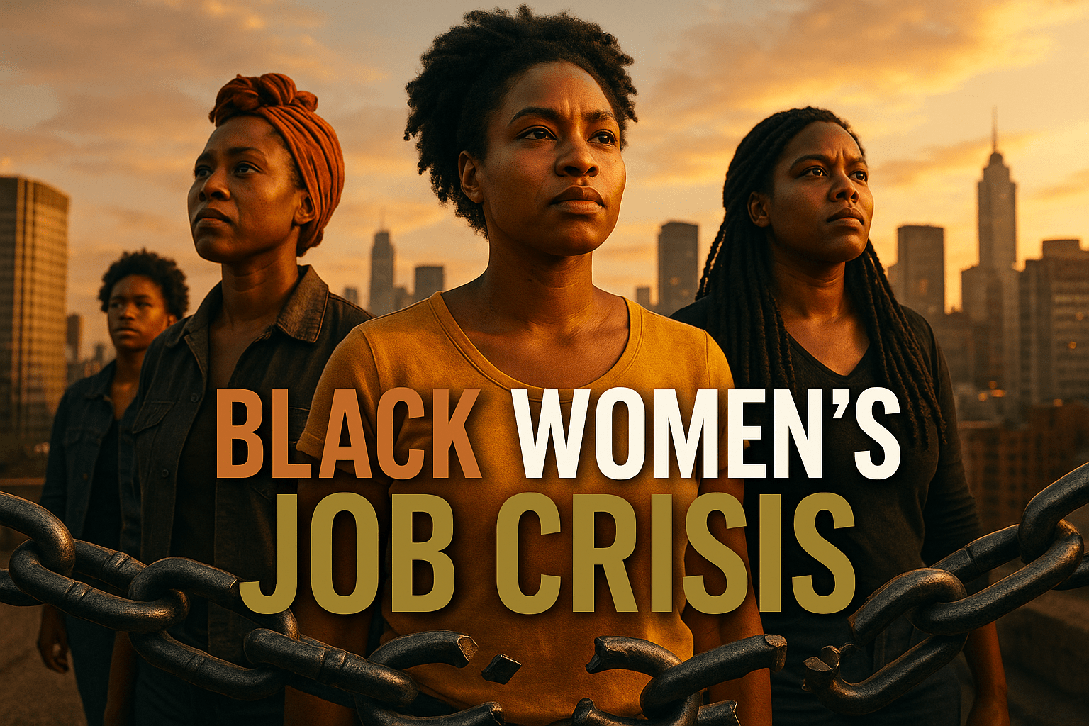 A cinematic image of a diverse group of Black women looking determined and hopeful, set against a backdrop of a bustling cityscape, illuminated by warm golden hour lighting. The mood is empowering and resilient, capturing the essence of struggle and strength. One striking detail is a symbolic representation of broken chains in the foreground, signifying overcoming barriers. Use a photorealistic style with vibrant colors that contrast the warm tones of the sunset with the cooler tones of the city. The composition follows the rule of thirds, with the women positioned dynamically to draw the viewer's eye. Overlay the high-impact phrase 'BLACK WOMEN'S JOB CRISIS' in a multi-line H2 impact font, with 'BLACK' in Bronze, 'WOMEN'S' in White, and 'JOB CRISIS' in Olive, ensuring the text is bold and stands out against the background.