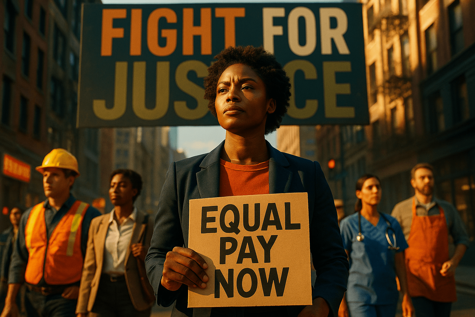 A cinematic image of a determined Black woman standing confidently in a vibrant urban setting, with a backdrop of diverse people engaged in various professions, illuminated by warm sunlight. The mood is empowering and hopeful, capturing the essence of resilience and strength. The camera angle is slightly low, emphasizing her stature and determination, with a striking detail of her holding a sign that reads 'EQUAL PAY NOW' in bold letters. The color palette features bright, contrasting colors, with deep blues and warm golds to create a dynamic visual impact. The high-impact phrase 'FIGHT FOR JUSTICE' is displayed in a multi-line H2 'impact' font, with 'FIGHT' in Bronze, 'FOR' in White, and 'JUSTICE' in Olive, ensuring the text stands out against the background.